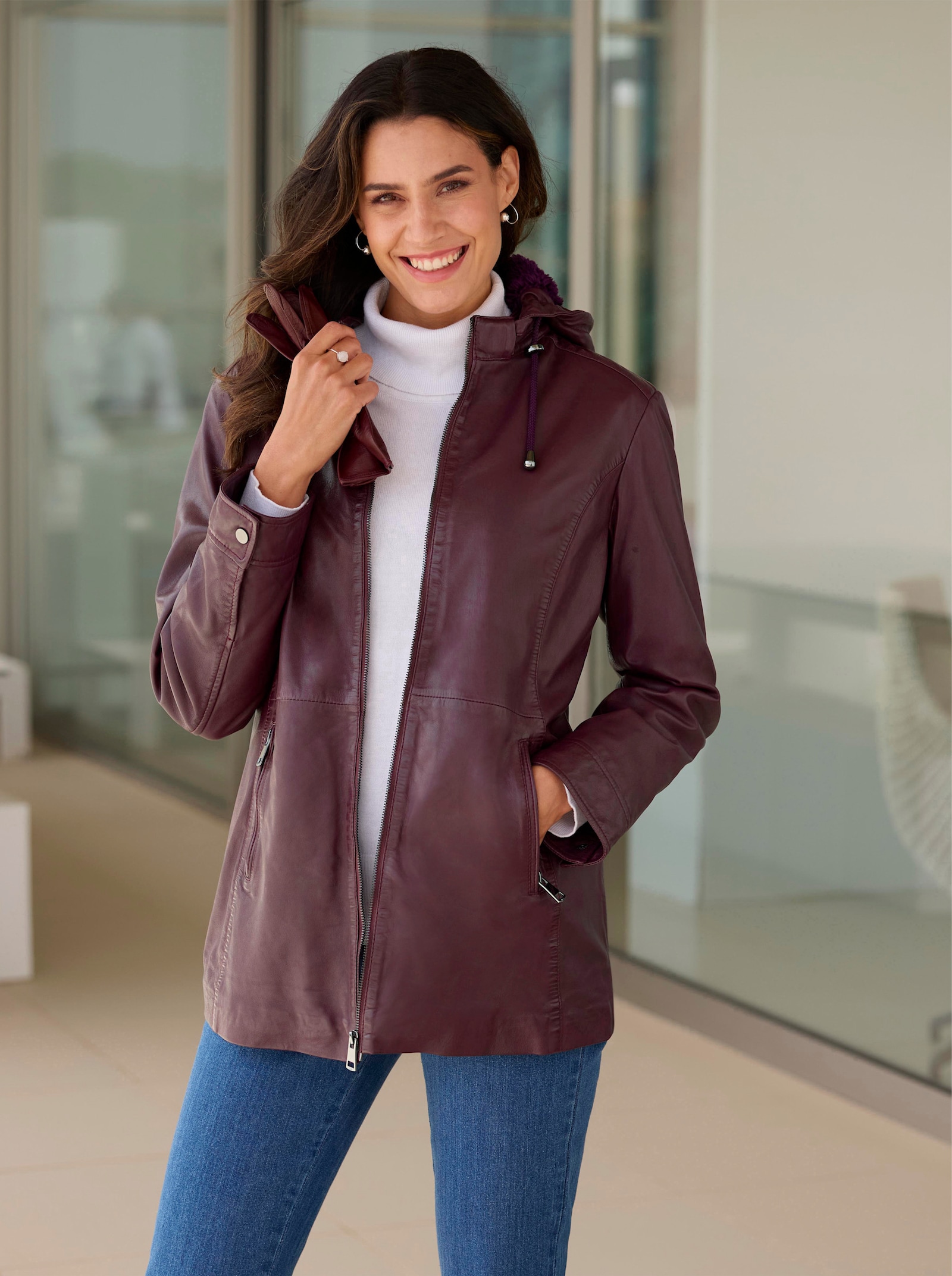 Lederjacke mit abnehmbarer Kapuze - burgund