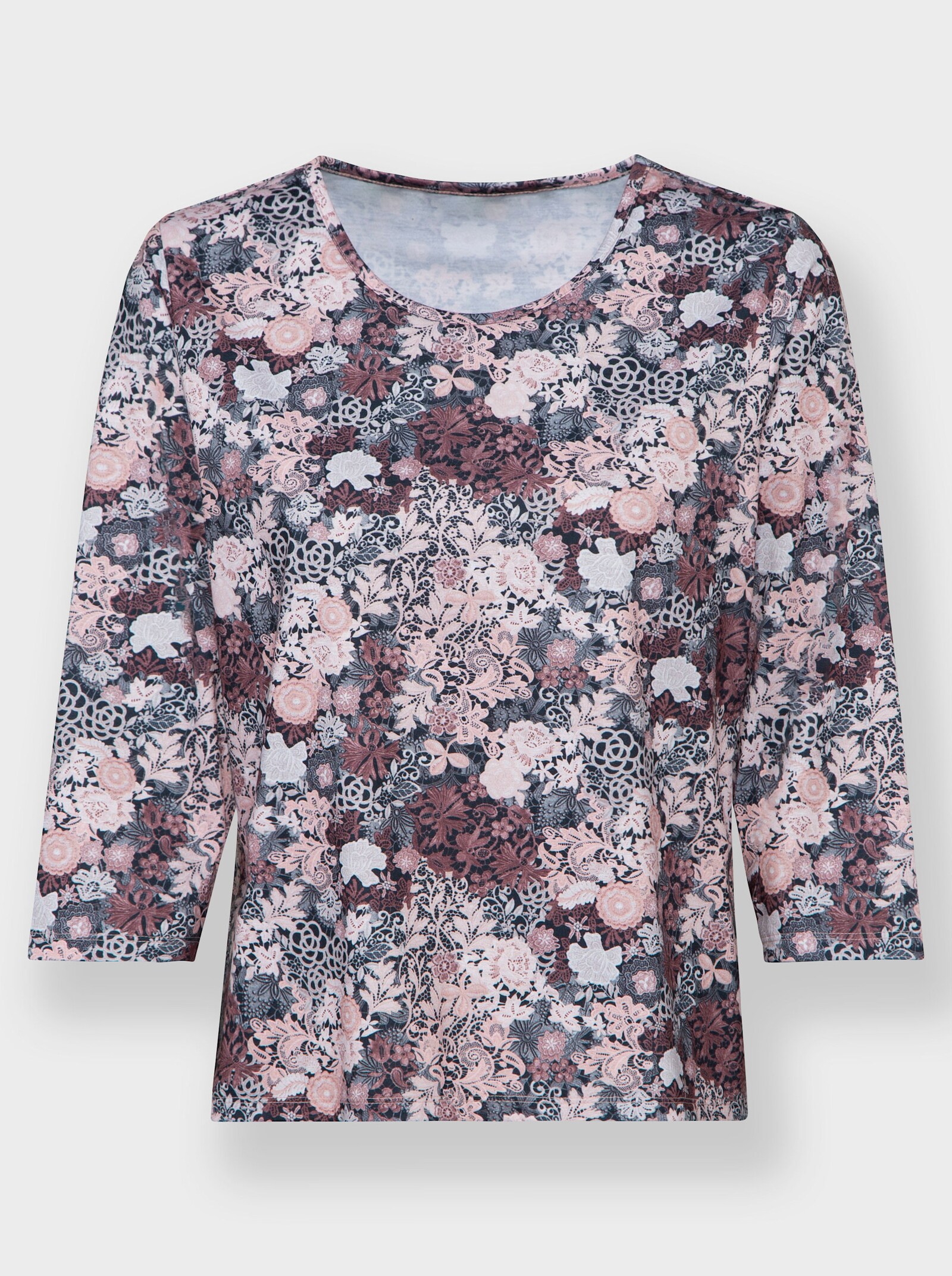 Rundhalsshirt mit 3/4-Ärmeln, Stretch - hortensie-steingrau-bedruckt
