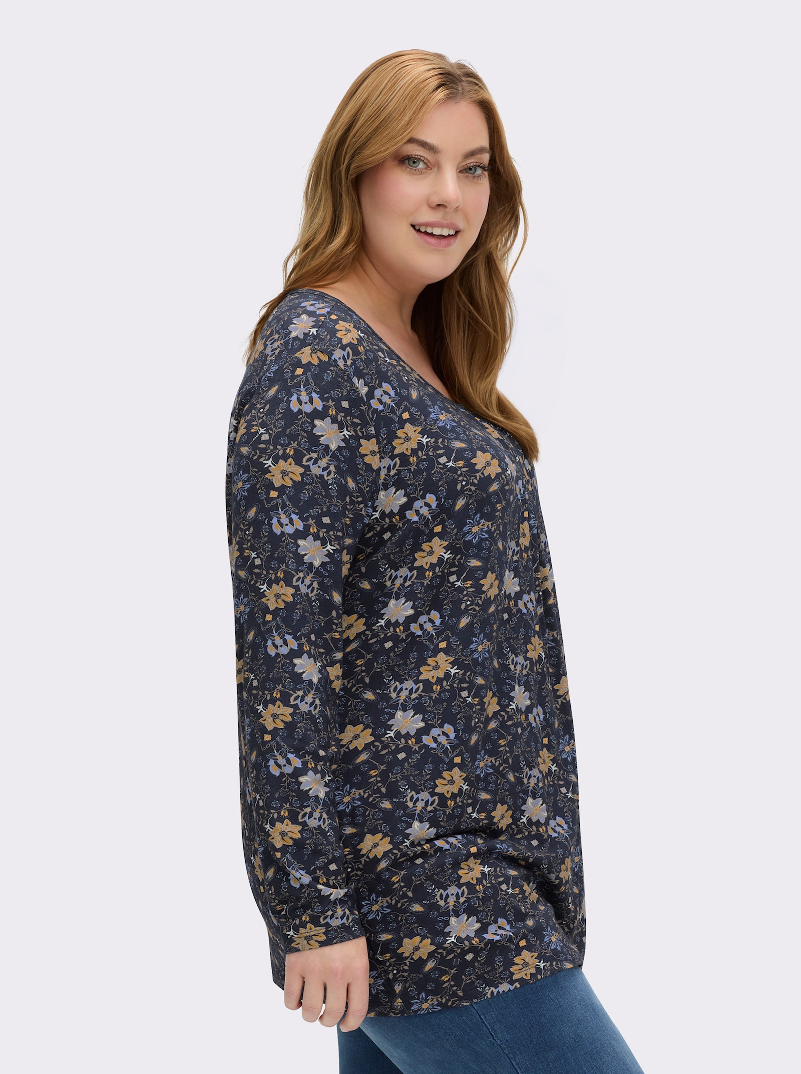 Print-Shirt aus Viskose-Stretch - marine-ocker-bedruckt