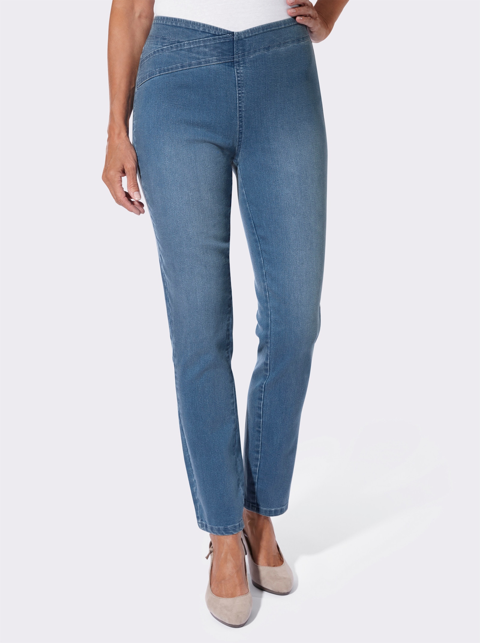 Jeans mit überlappendem Dehnbund - blue-bleached