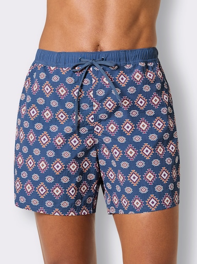 Badeshorts - jeansblau-orange-bedruckt