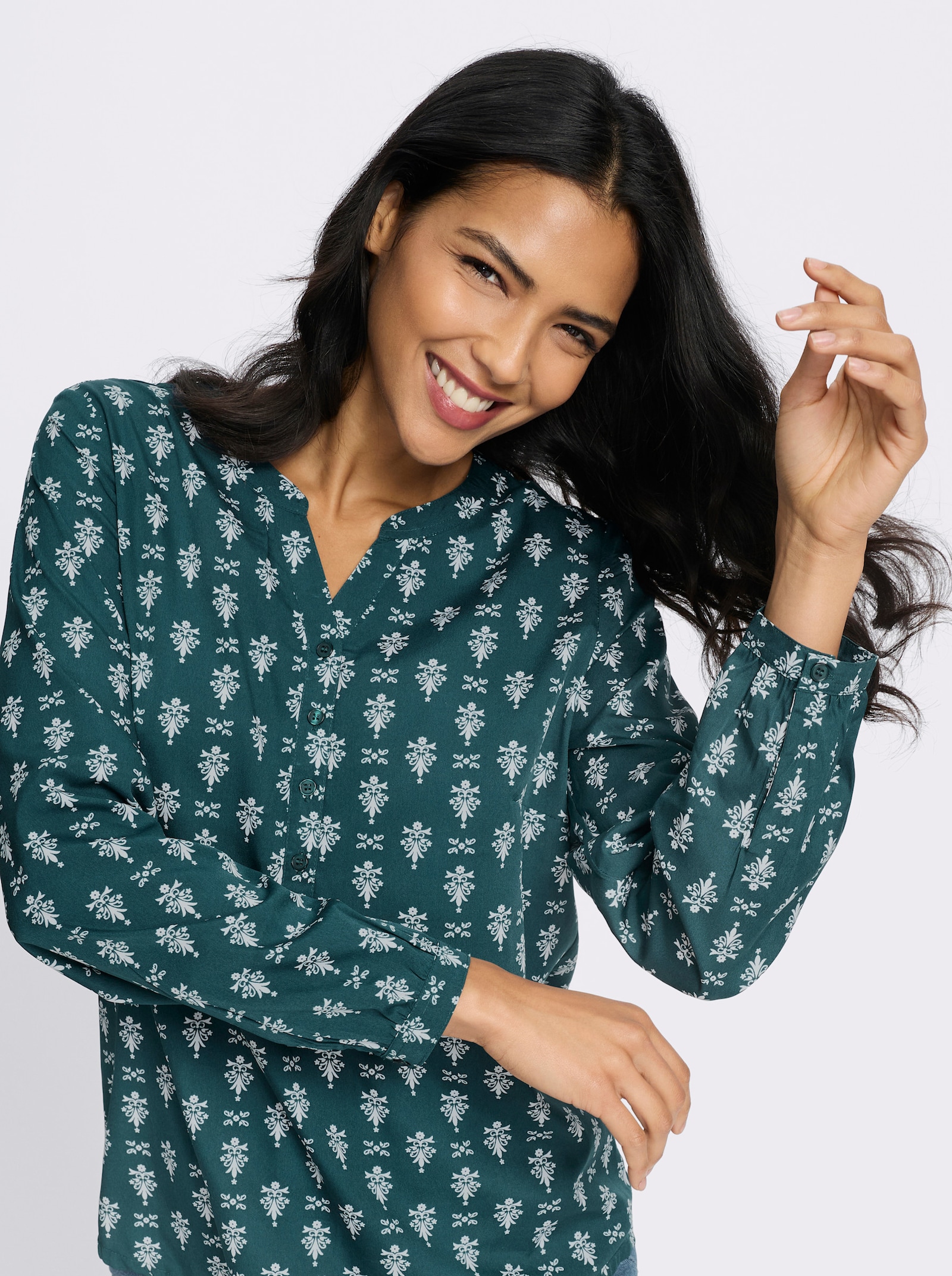 Schlupfbluse mit kurzer Knopfleiste - petrol-ecru-bedruckt