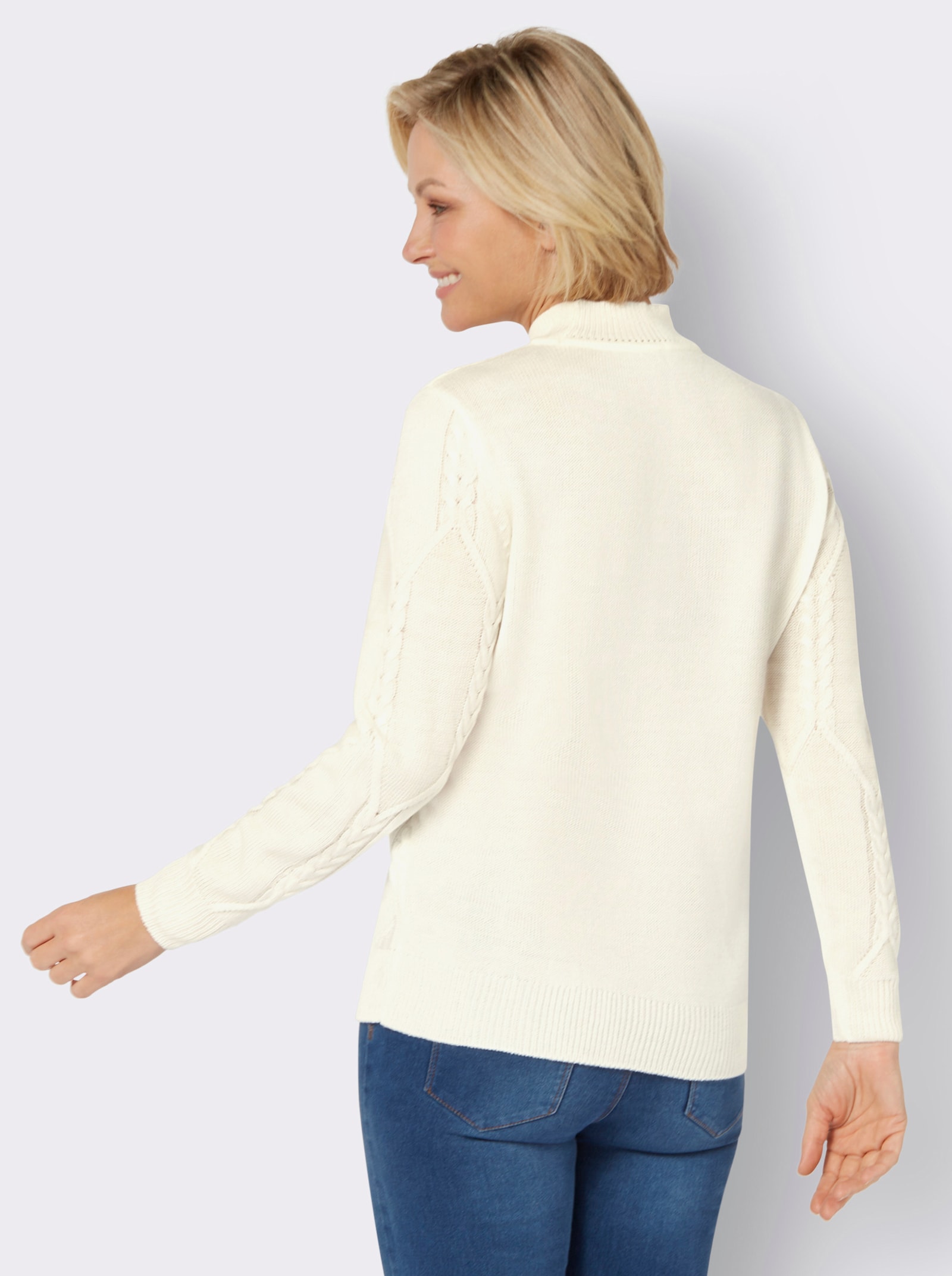 Langarm-Pullover mit Zopfmuster - ecru
