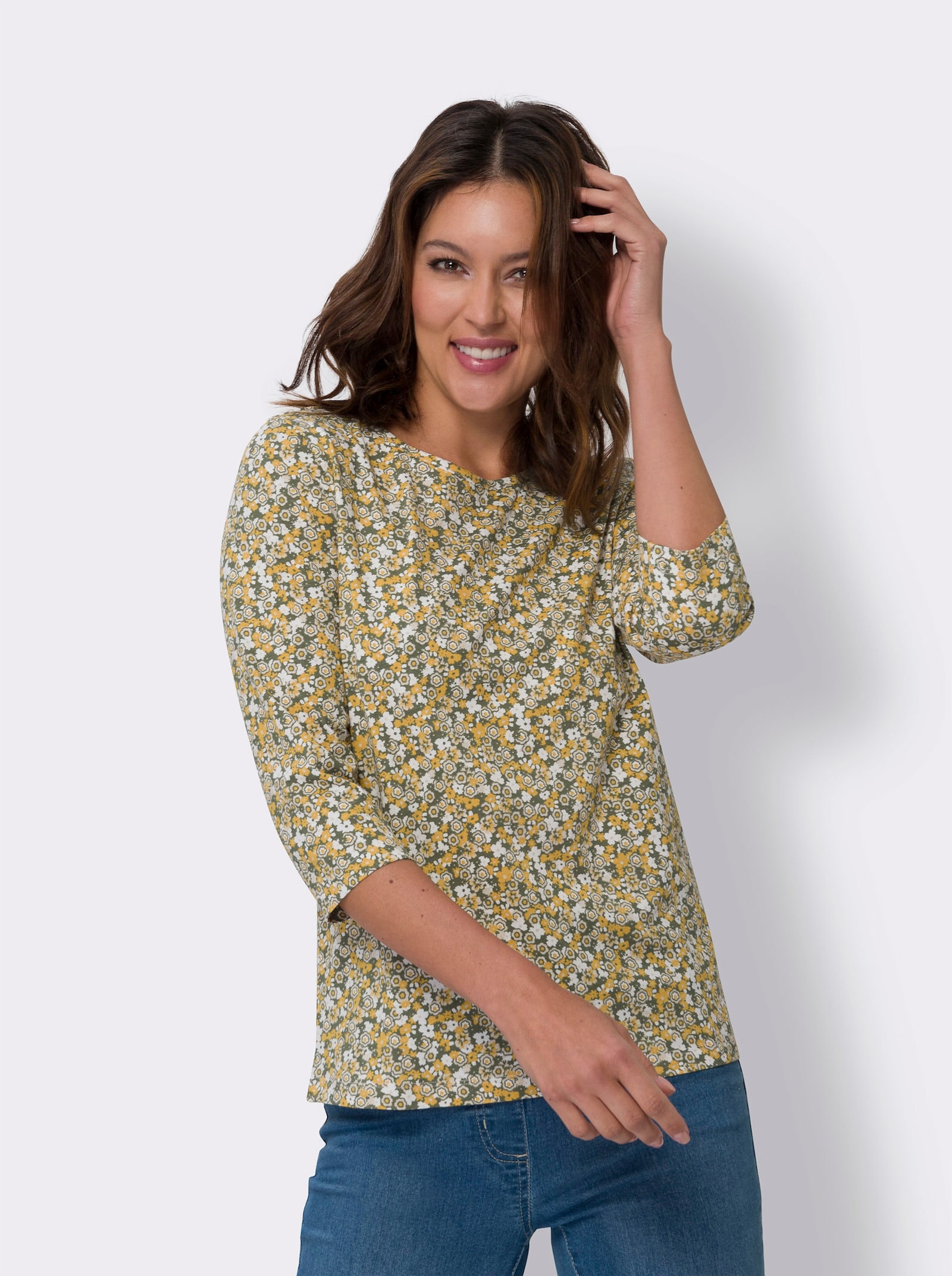 3/4-Arm-Shirt mit Millefleurs-Muster - khaki-ocker-bedruckt