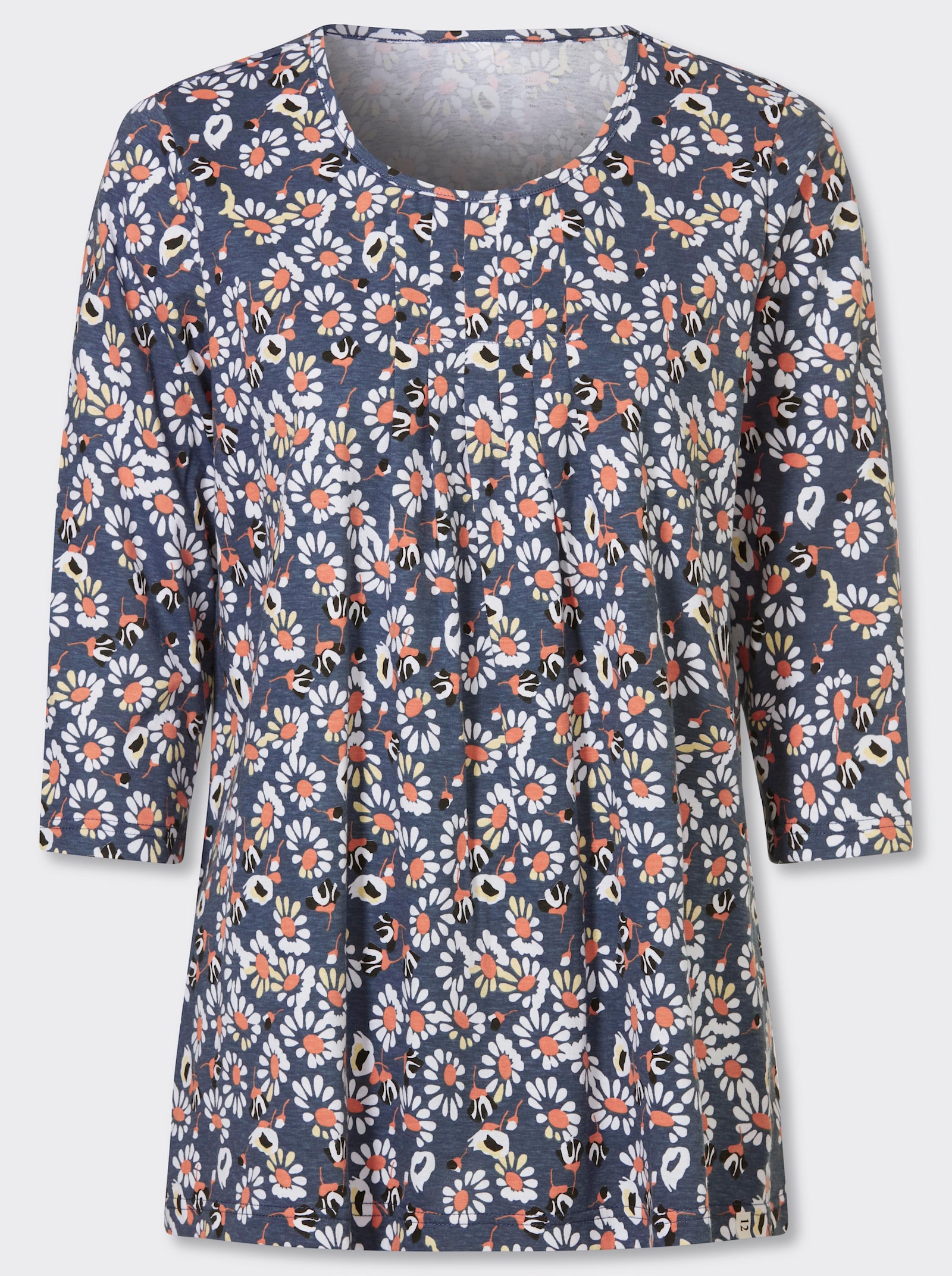 Longshirt im Blüten-Dessin - rauchblau-papaya-bedruckt