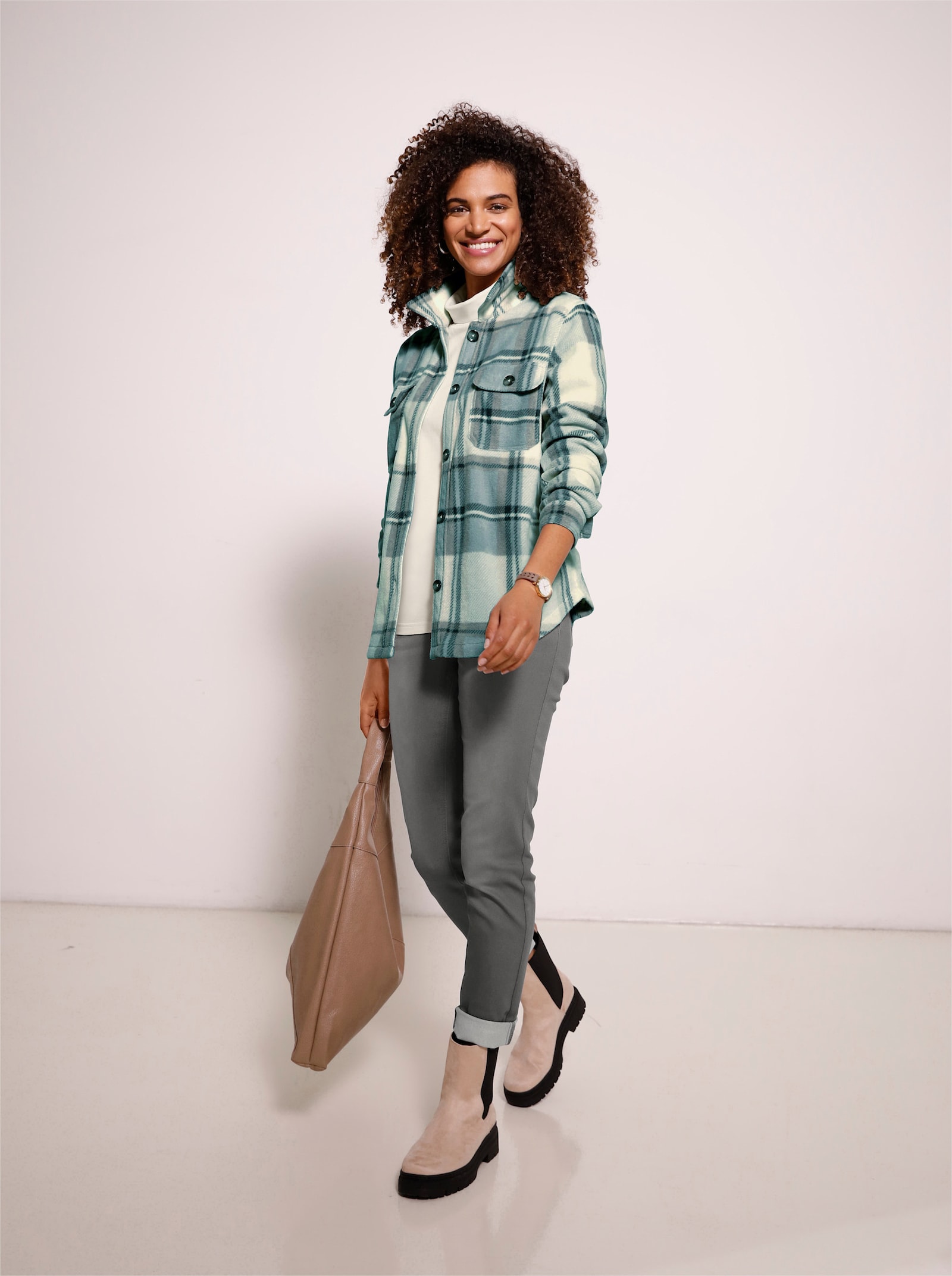 Fleecejacke mit Knöpfen in Horn-Optik - champagner-jade-kariert