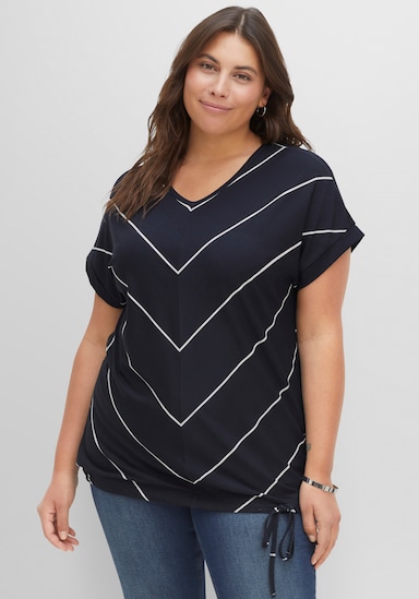 sheego Streifenshirt mit Bindeband am Saum - nachtblau-weiss