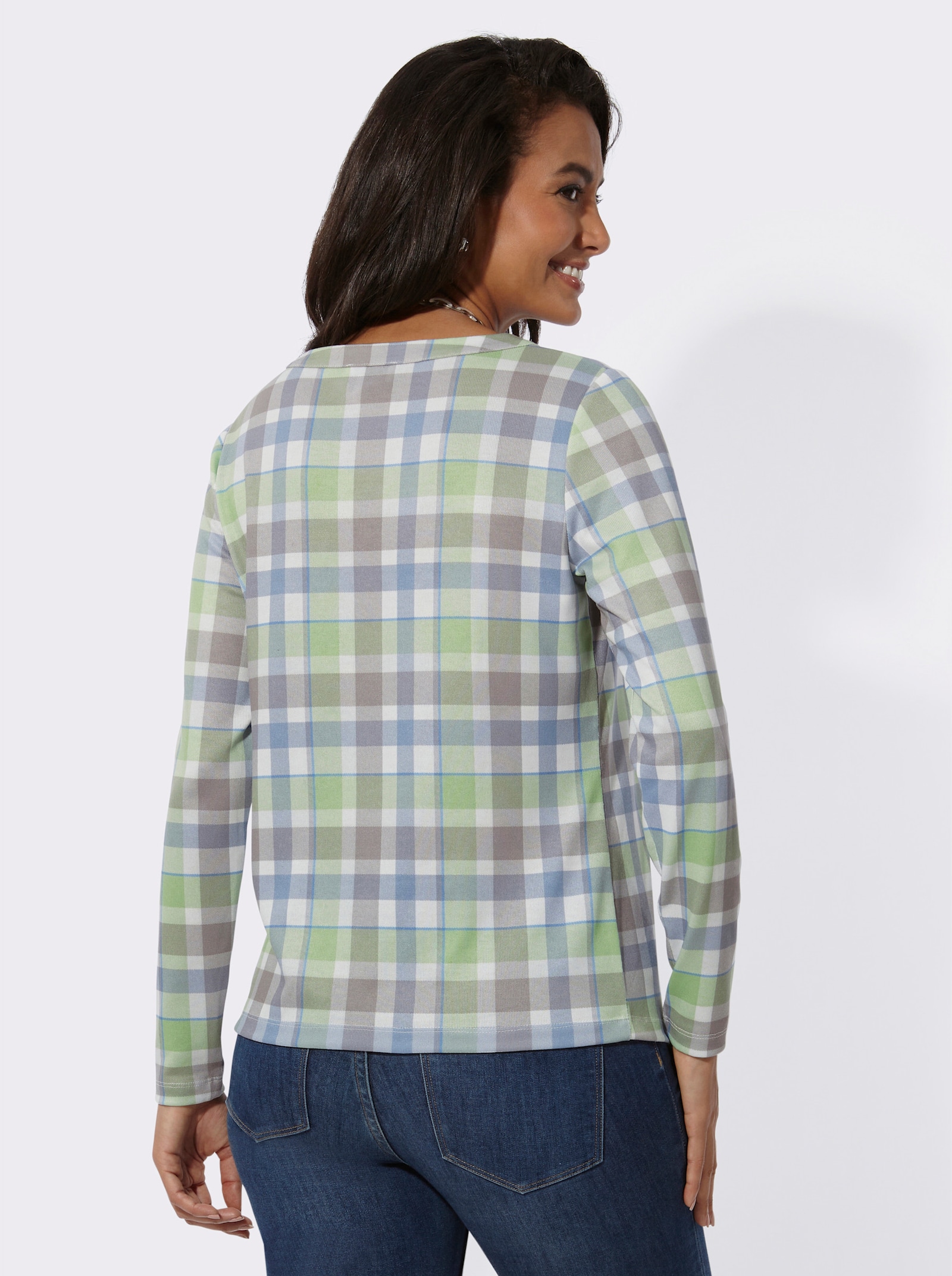 Shirt met lange mouwen in fijntricotlook - eucalyptus/taupe geruit