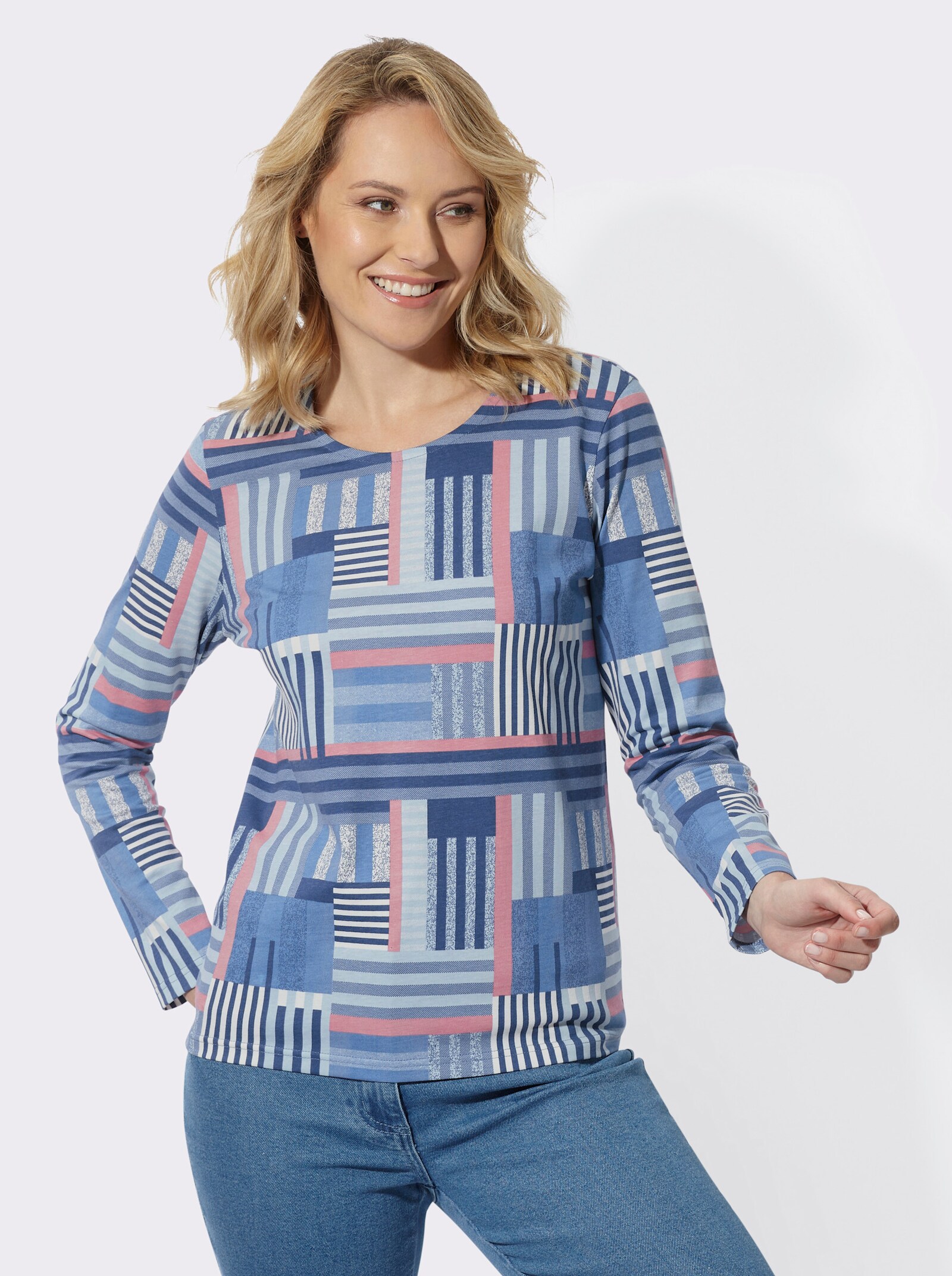 Langarmshirt in gestreifter Patch-Optik - jeansblau-altrosa-bedruckt