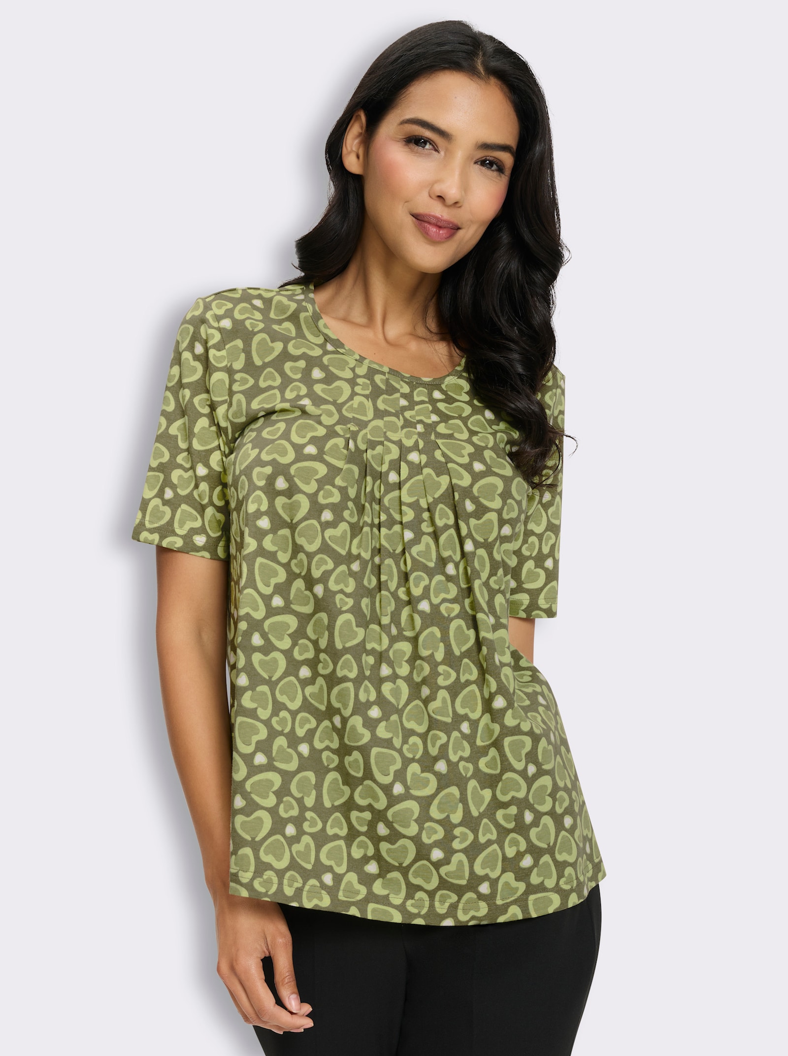 Rundhalsshirt mit Falten am Ausschnitt - khaki-pistazie-bedruckt