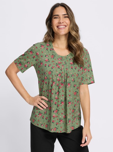 Kurzarmshirt mit Falten am Ausschnitt - eucalyptus-rot-bedruckt