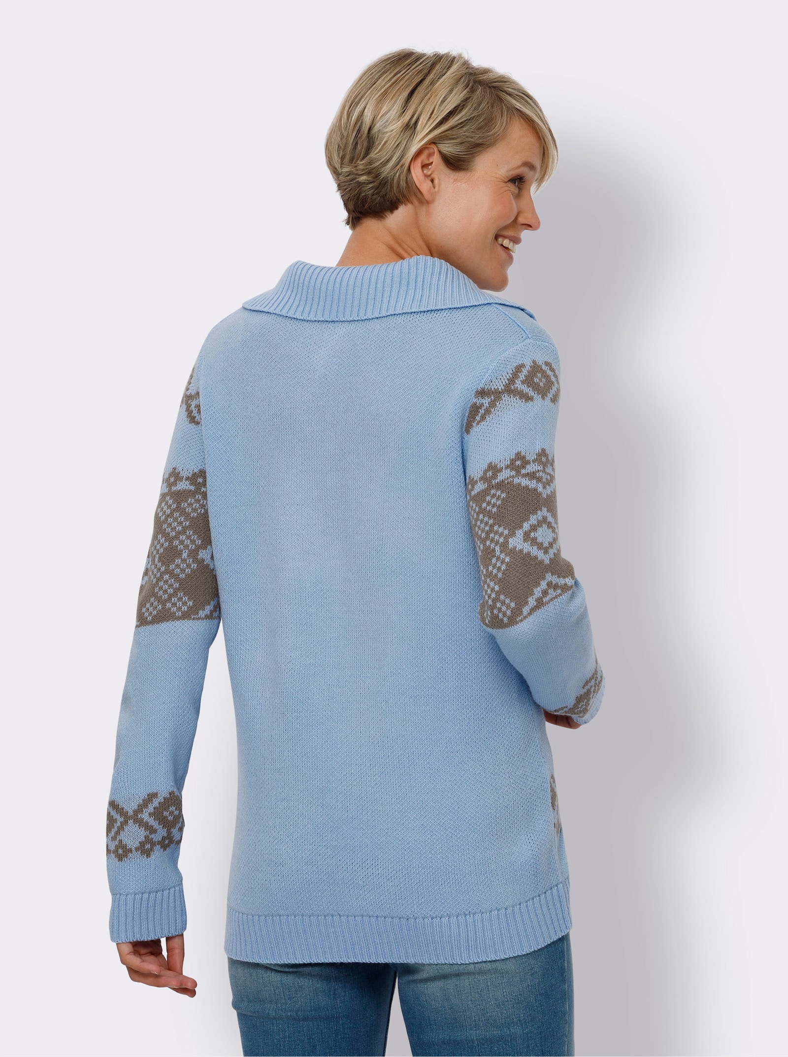 Norwegerpullover in Jacquard-Strick - eisblau-taupe-gemustert