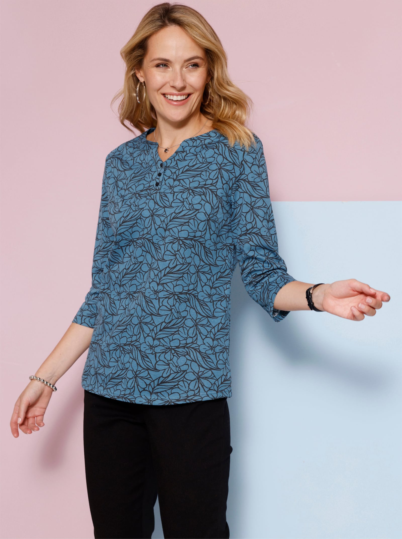 Shirt met 3/4-mouwen in bloemdessin - topaas/zwart bedrukt