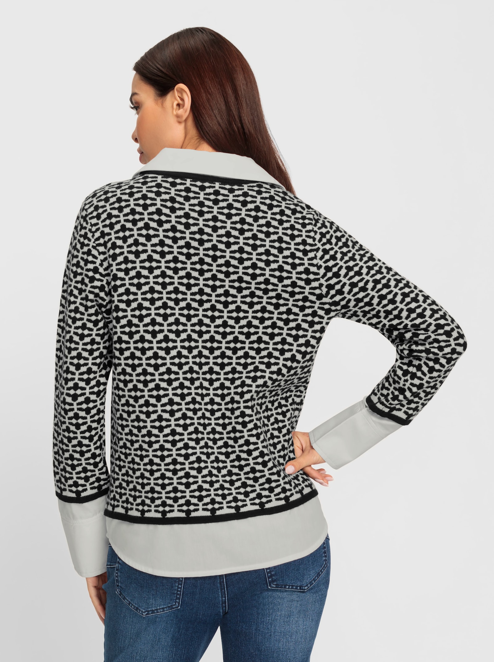 heine 2-in-1-Pullover Mit Blusen-Einsatz - schwarz-ecru-gemustert