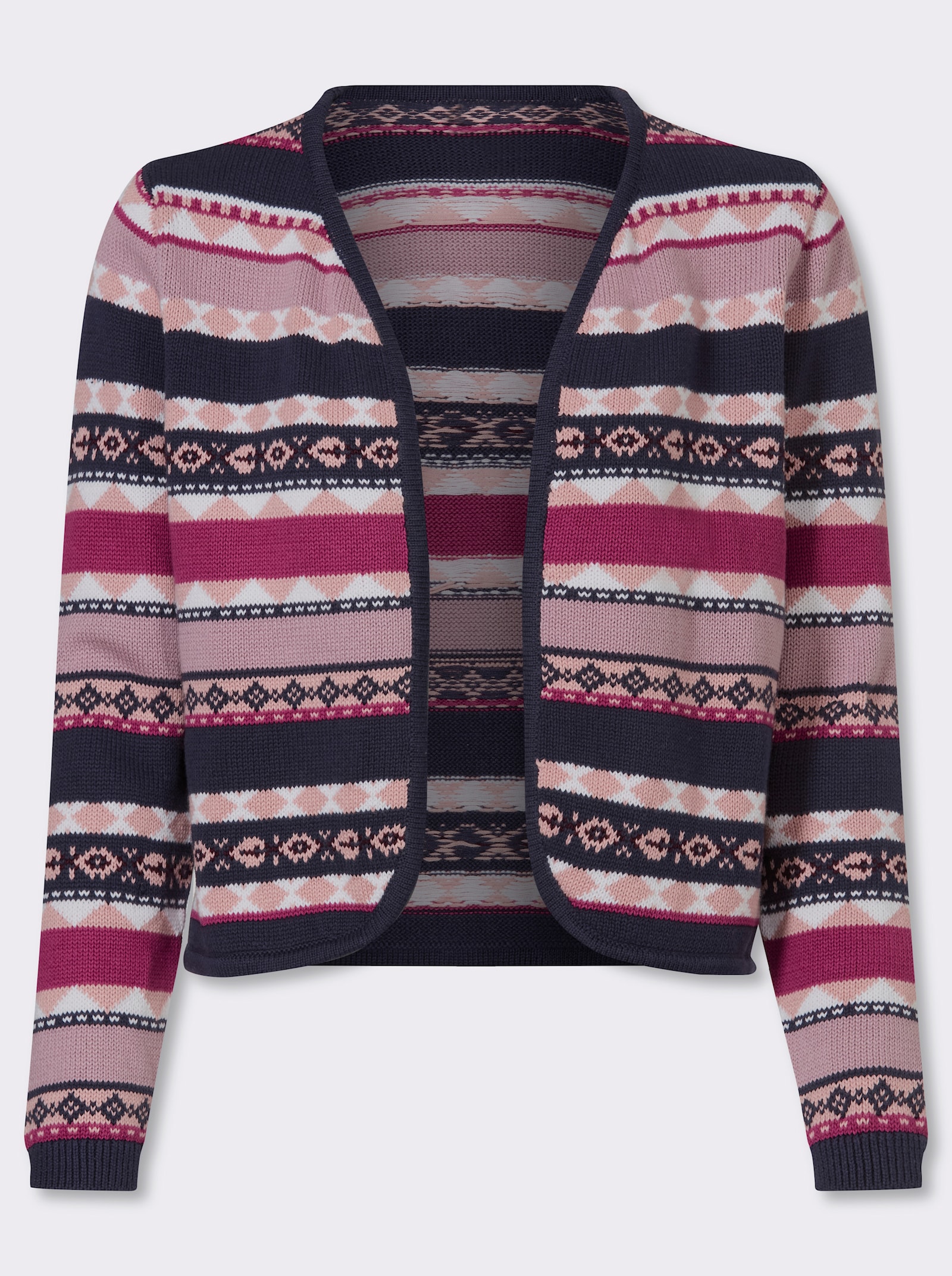 Jacquardstrickjacke im kurzer, offener Form - marine-erika-gemustert