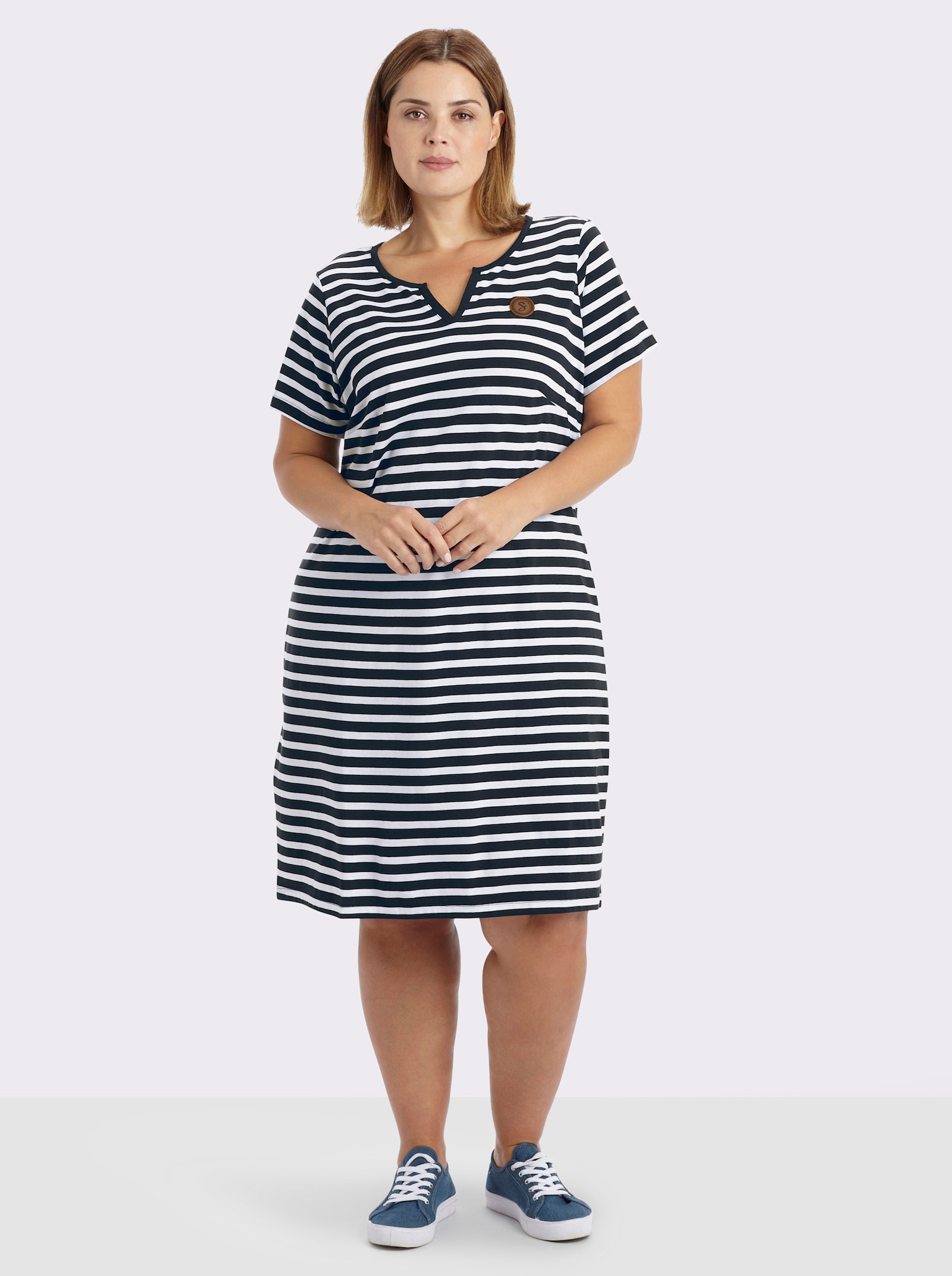 sheego Jerseykleid mit Streifenmuster - tiefblau-weiß-geringelt
