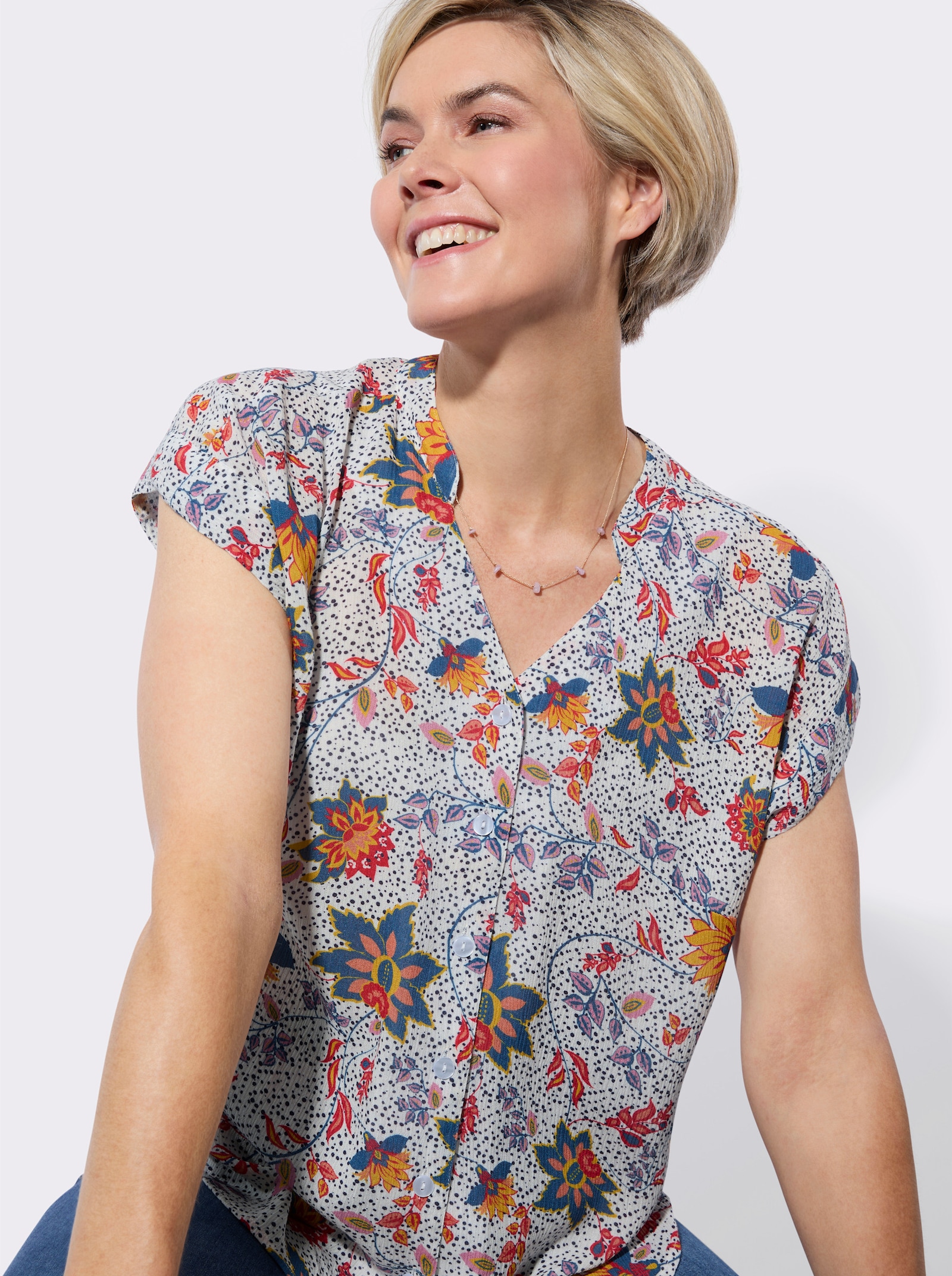 Kurzarmbluse in strukturierter Qualität - weiß-erdbeere-bedruckt