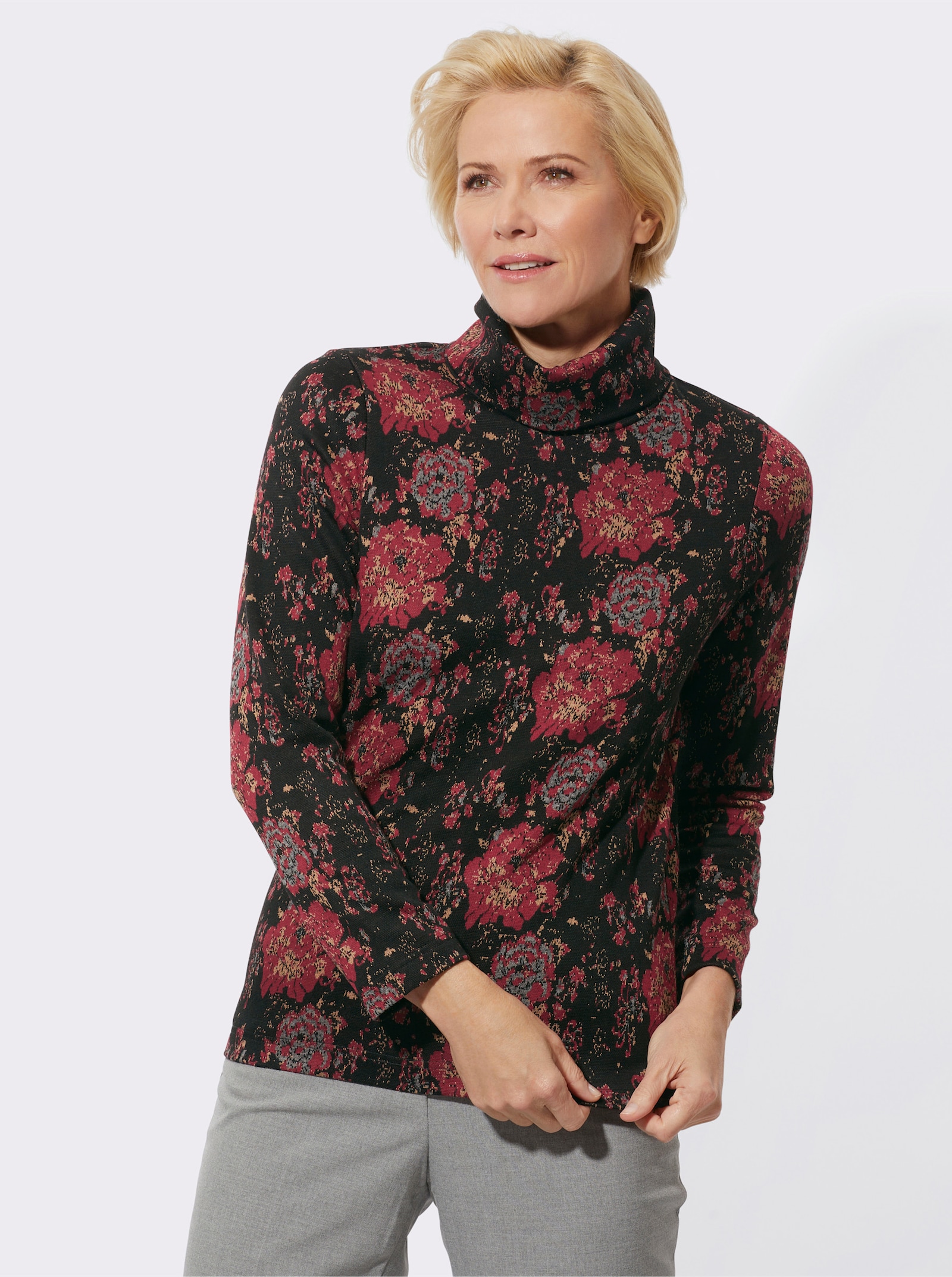 Rollkragenpullover im floralen Jacquard-Dessin - schwarz-dunkelrot-gemustert