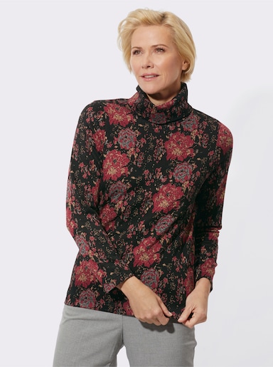 Rollkragenpullover im floralen Jacquard-Dessin - schwarz-dunkelrot-gemustert