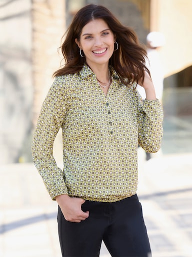 Schlupfbluse mit Gummibündchen - oliv-schilf-bedruckt