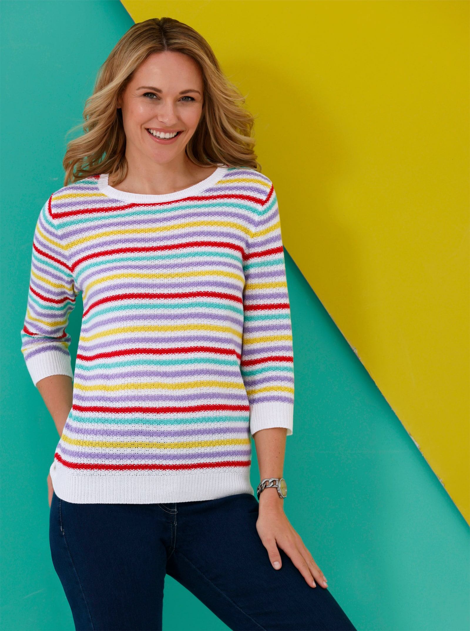 Pulóver, pruhy, ažúrové prvky - écru-jahodové pruhy