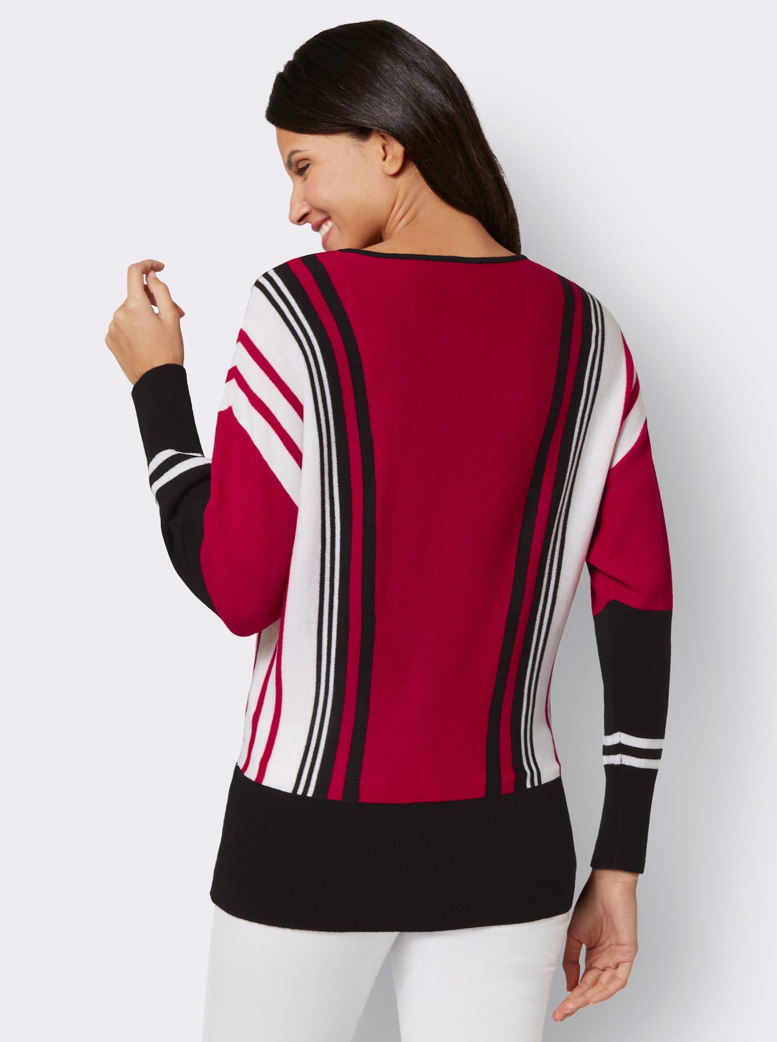 V-Ausschnitt-Pullover mit überschnittenen Schultern - rot-schwarz-gestreift