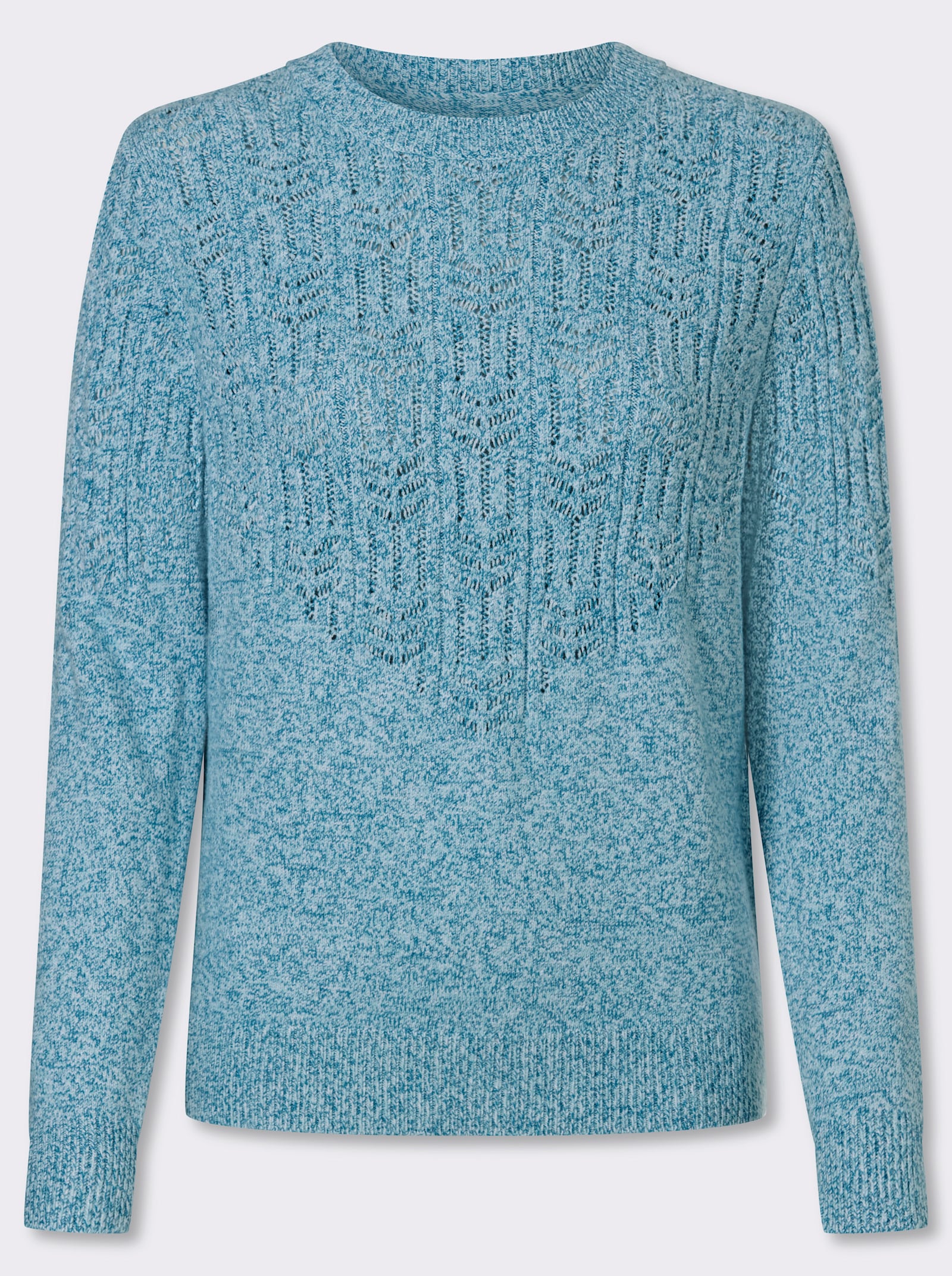 Rundhalspullover mit Ajourmuster - aquamarin-meliert