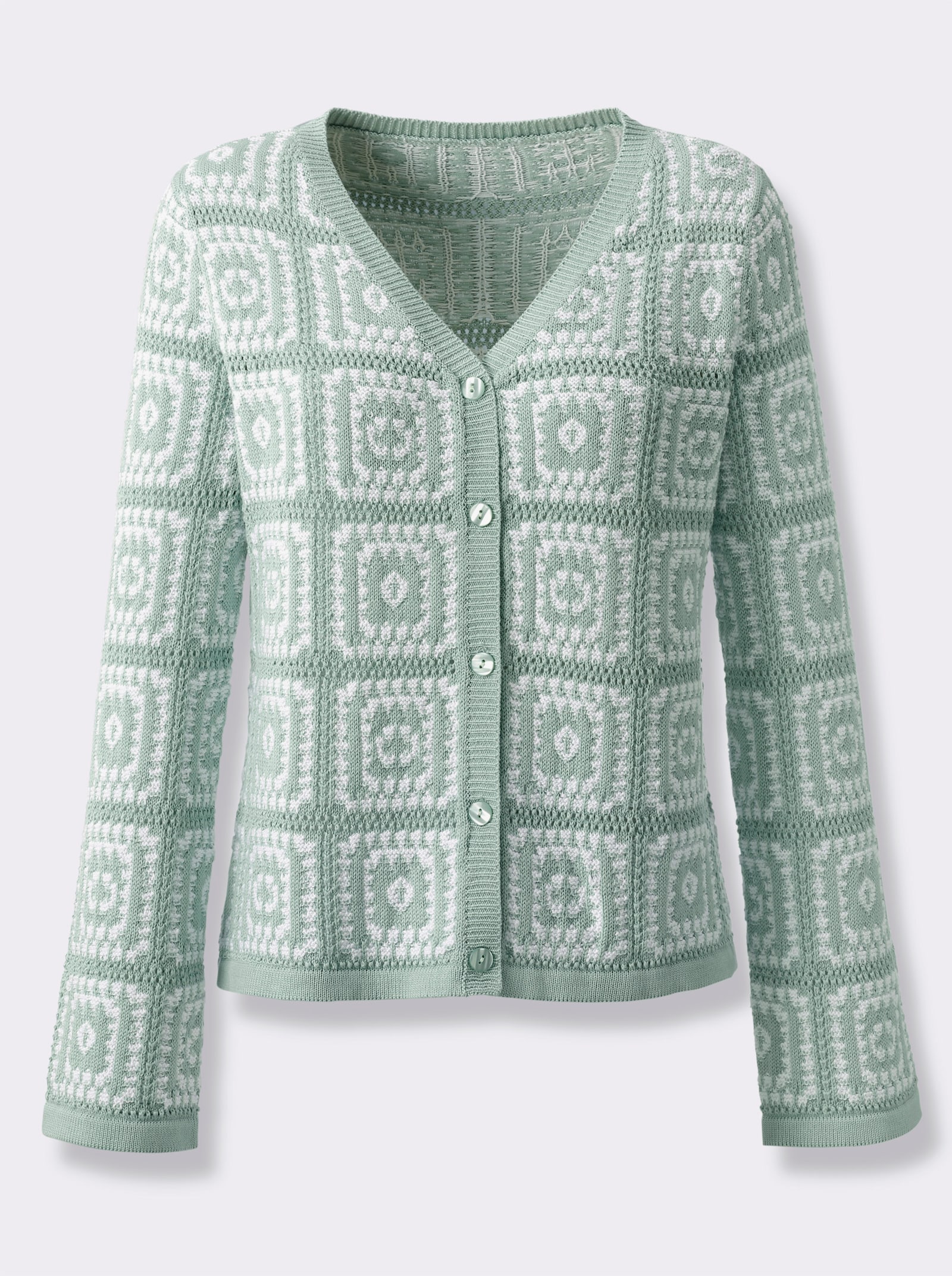 Strickjacke in Häkel-Optik - kalkmint-weiß