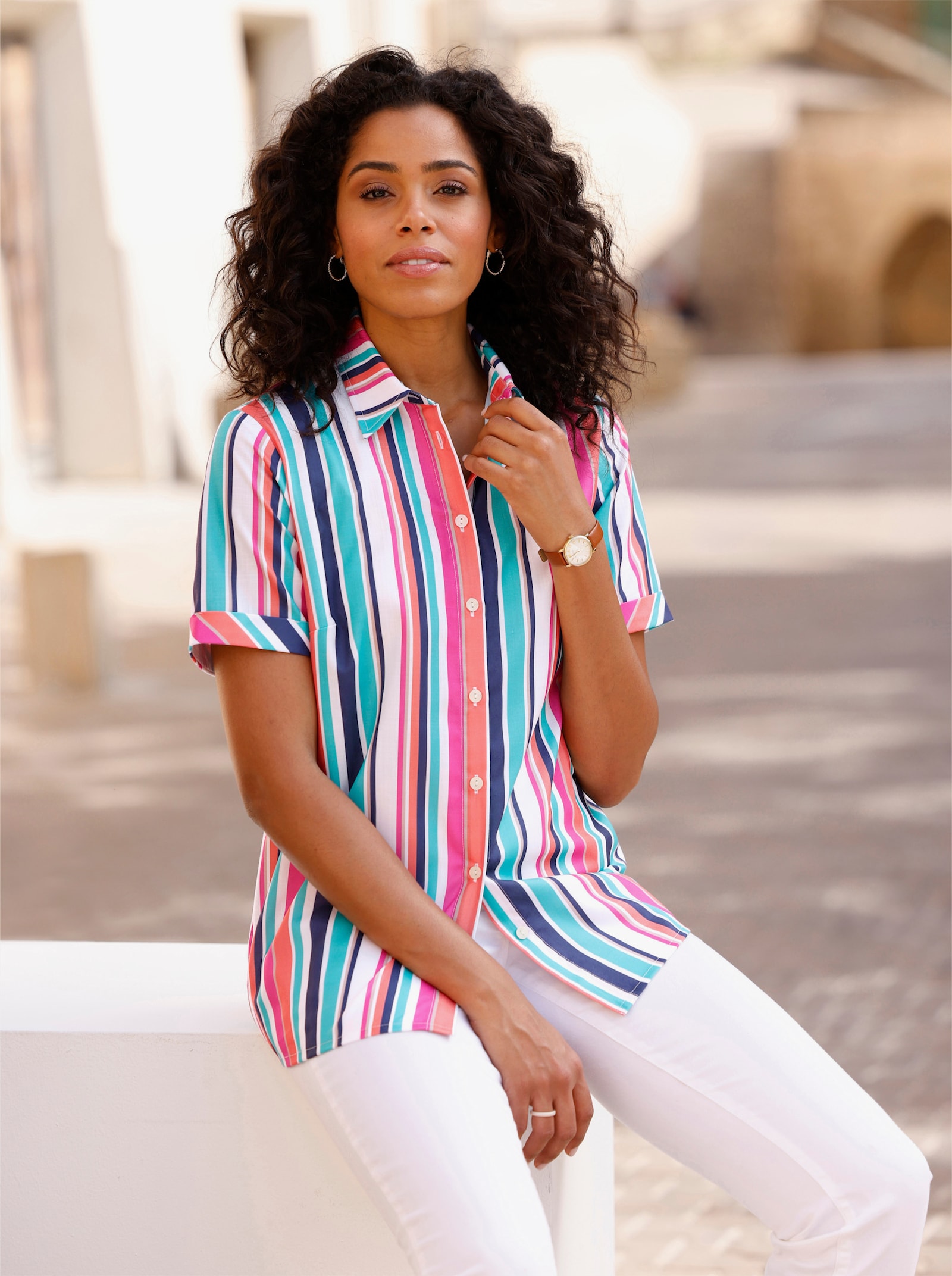 Hemdbluse in Leinen-Optik - ozean-papaya-gestreift