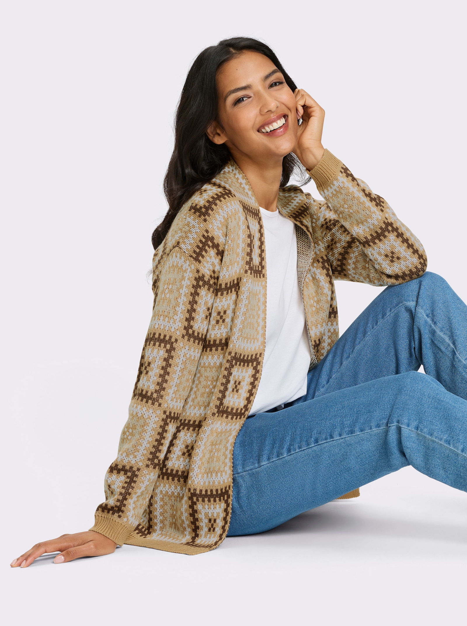 Vest met kleurrijk jacquardpatroon. - camel/choco gedessineerd