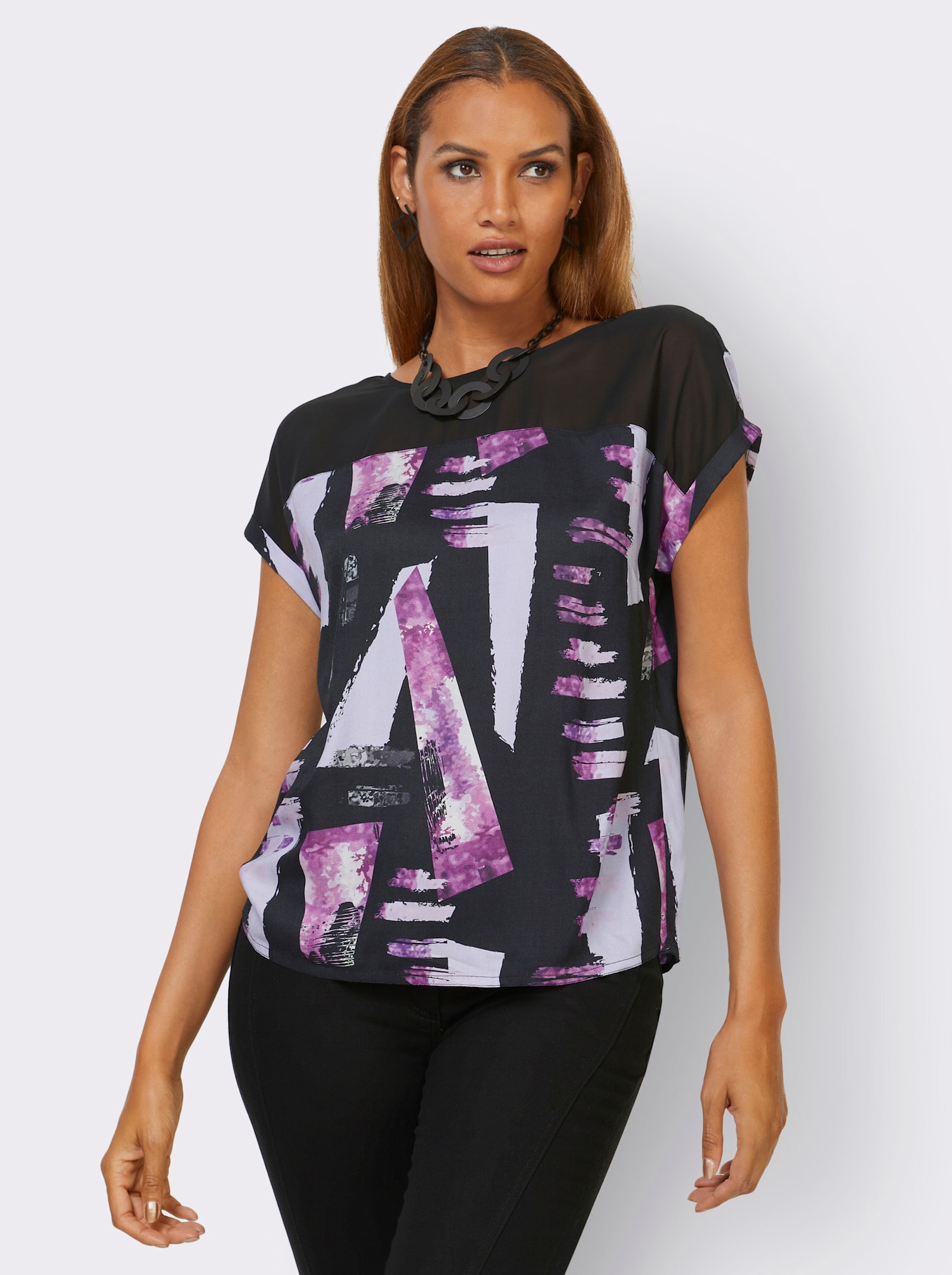 Shirt met lange mouw en transparante inzetten - zwart/lila bedrukt