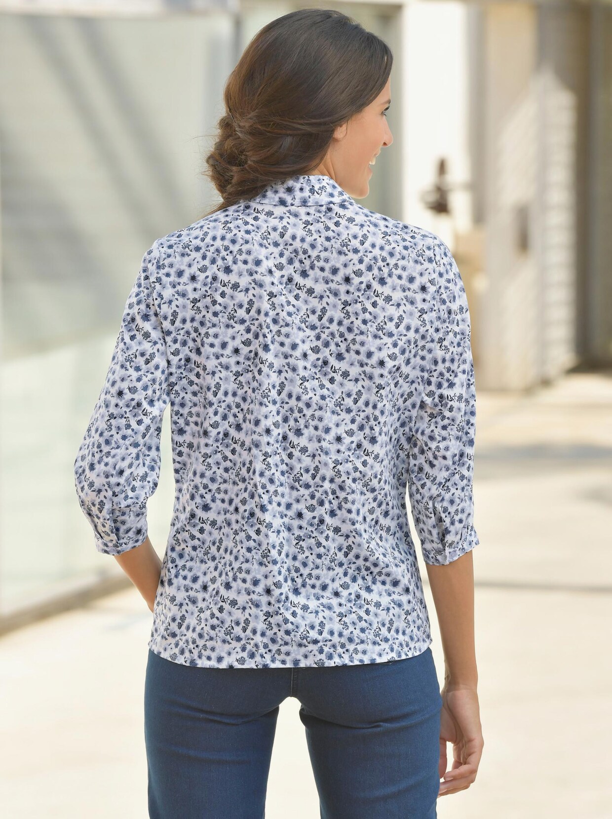 Baumwollbluse - jeansblau-bedruckt