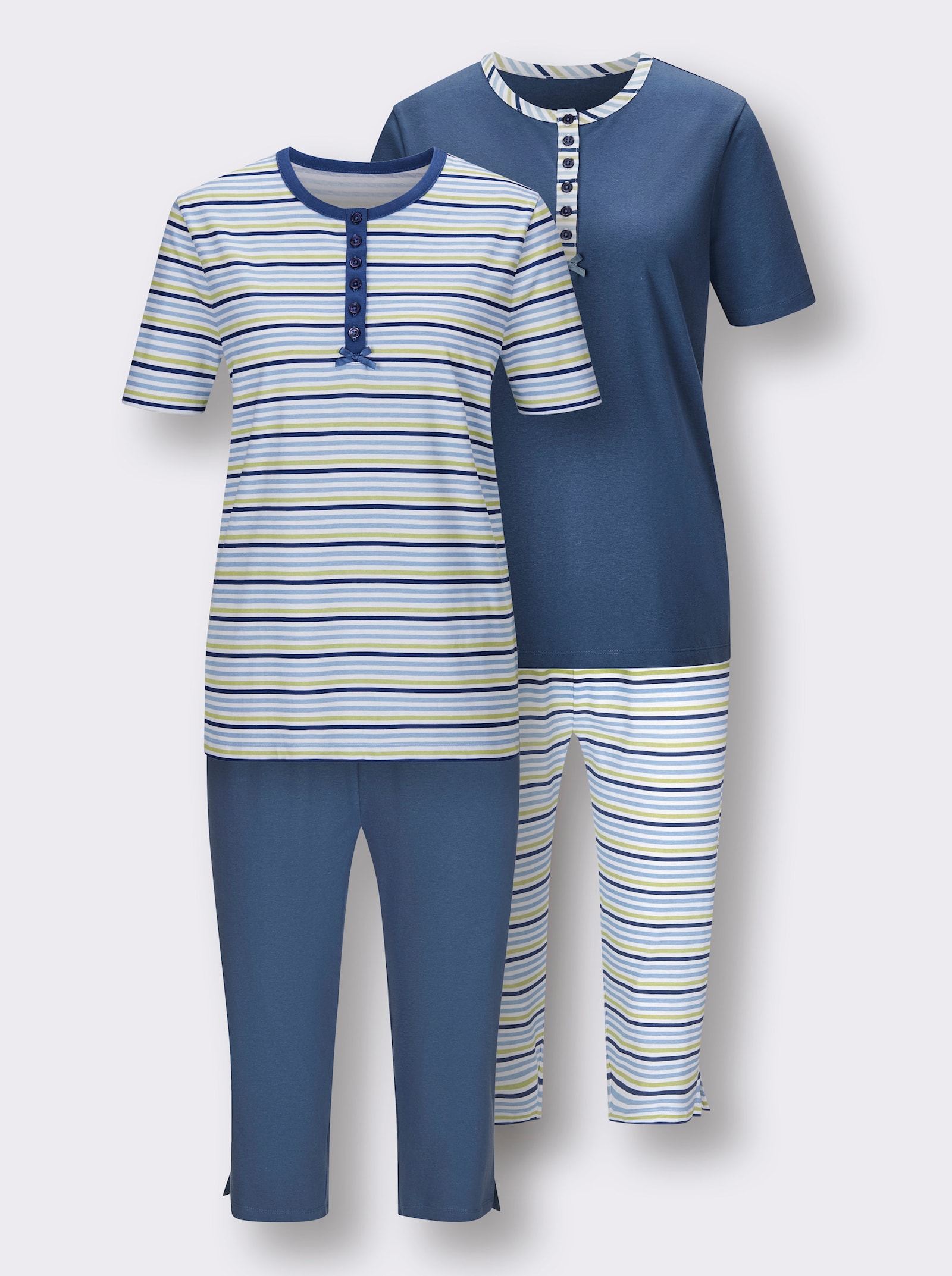 wäschepur Capri-Schlafanzüge mit Knopfleiste - jeansblau + jeansblau-geringelt