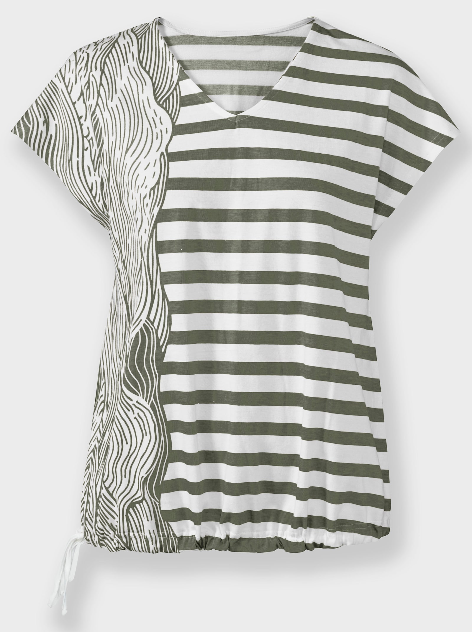 Shirt mit Tunnelzug im Saum - khaki-ecru-bedruckt