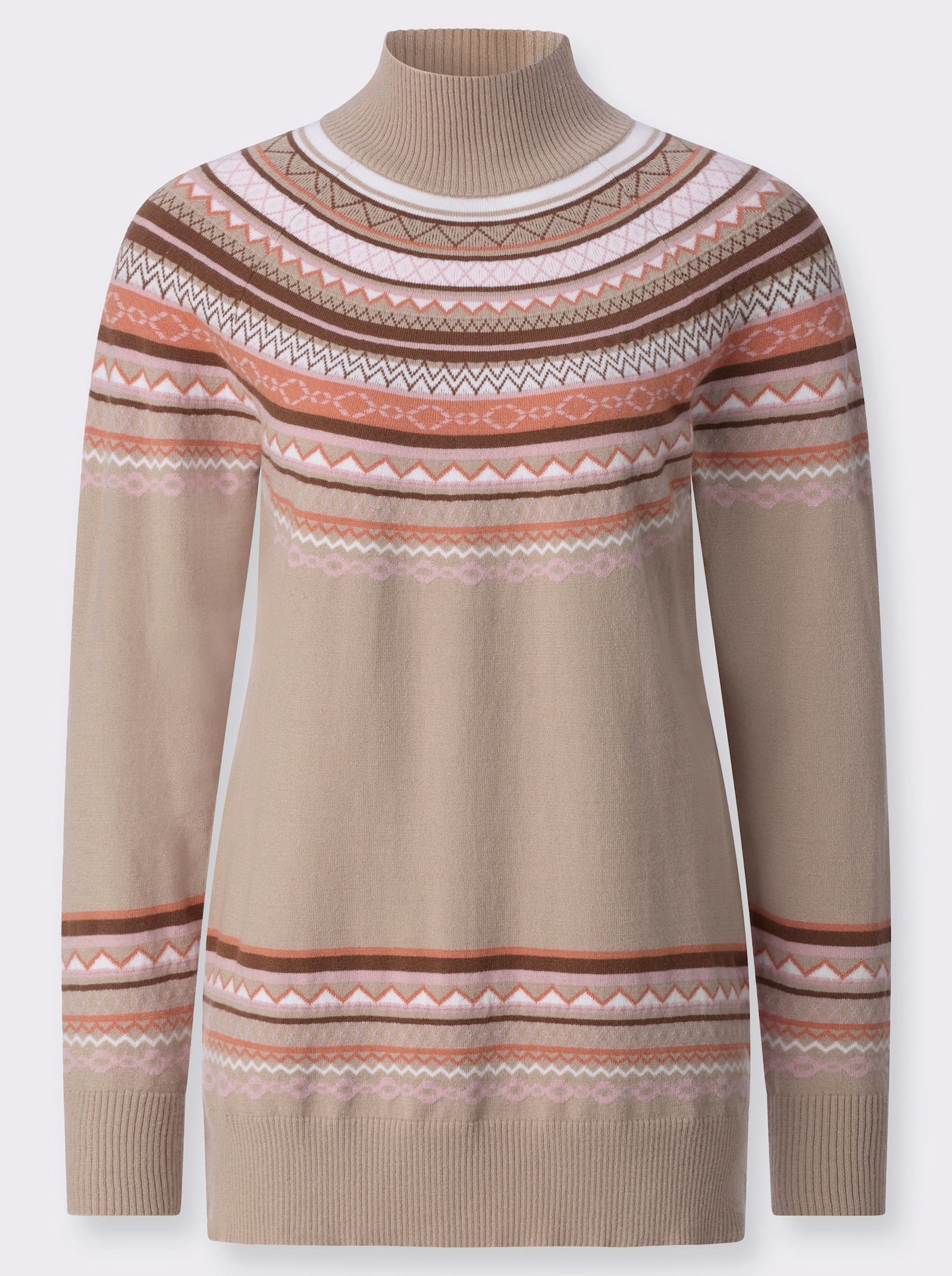 Jacquard-Pullover mit Seitenschlitzen - sesam-braun-gemustert