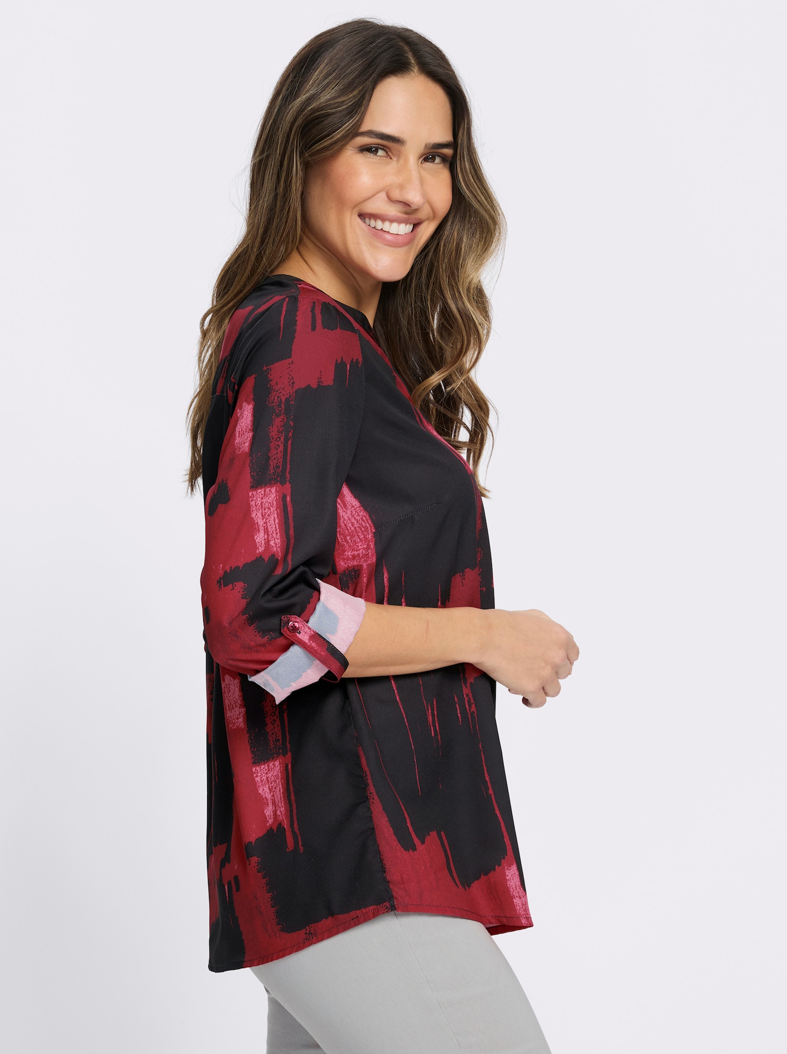 Schlupfbluse im grafischen Dessin - schwarz-rot-bedruckt
