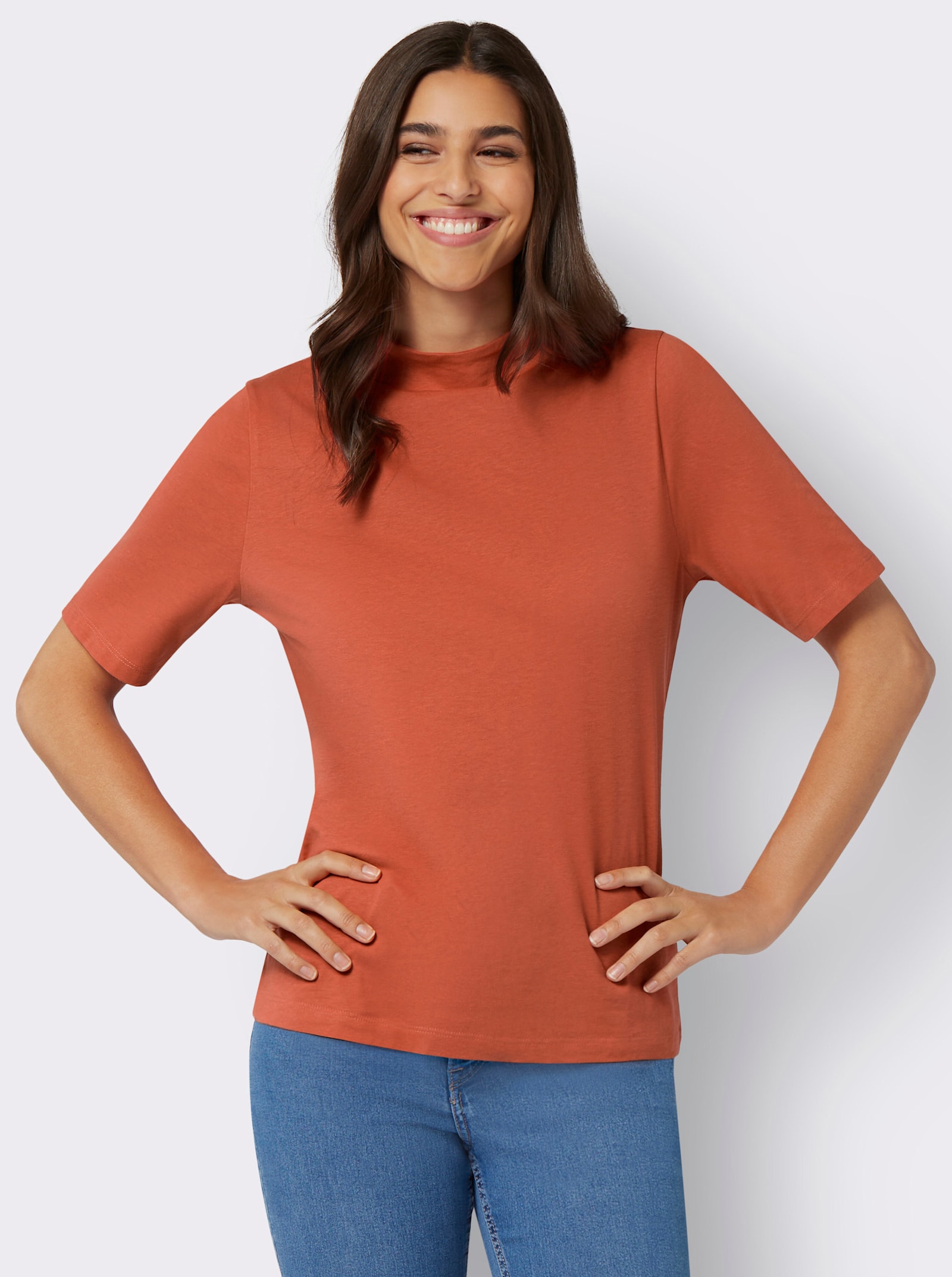 Kurzarmshirt mit Kelchkragen - terra