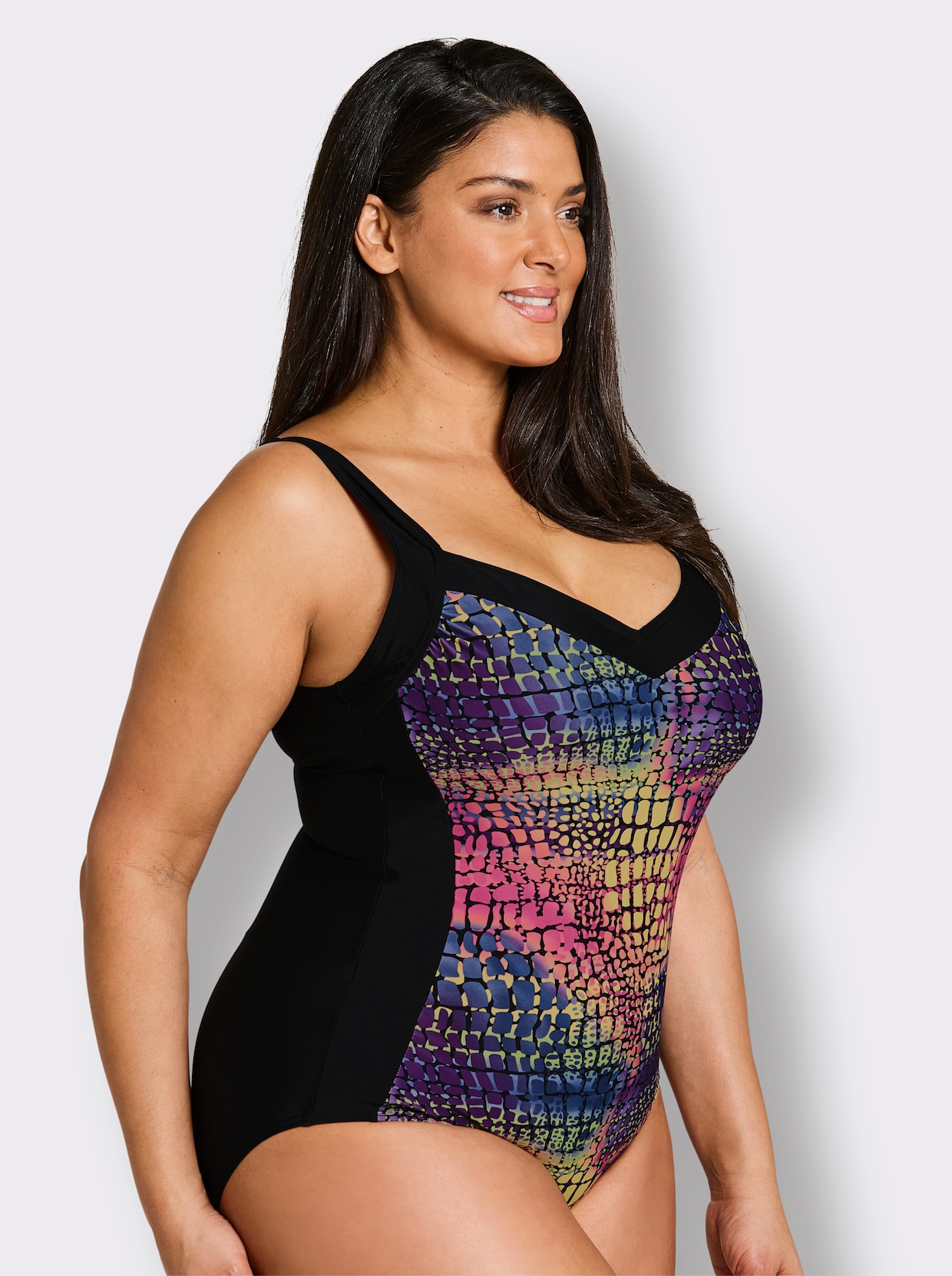 Badeanzug mit Raffung an den Softcups - schwarz-bedruckt