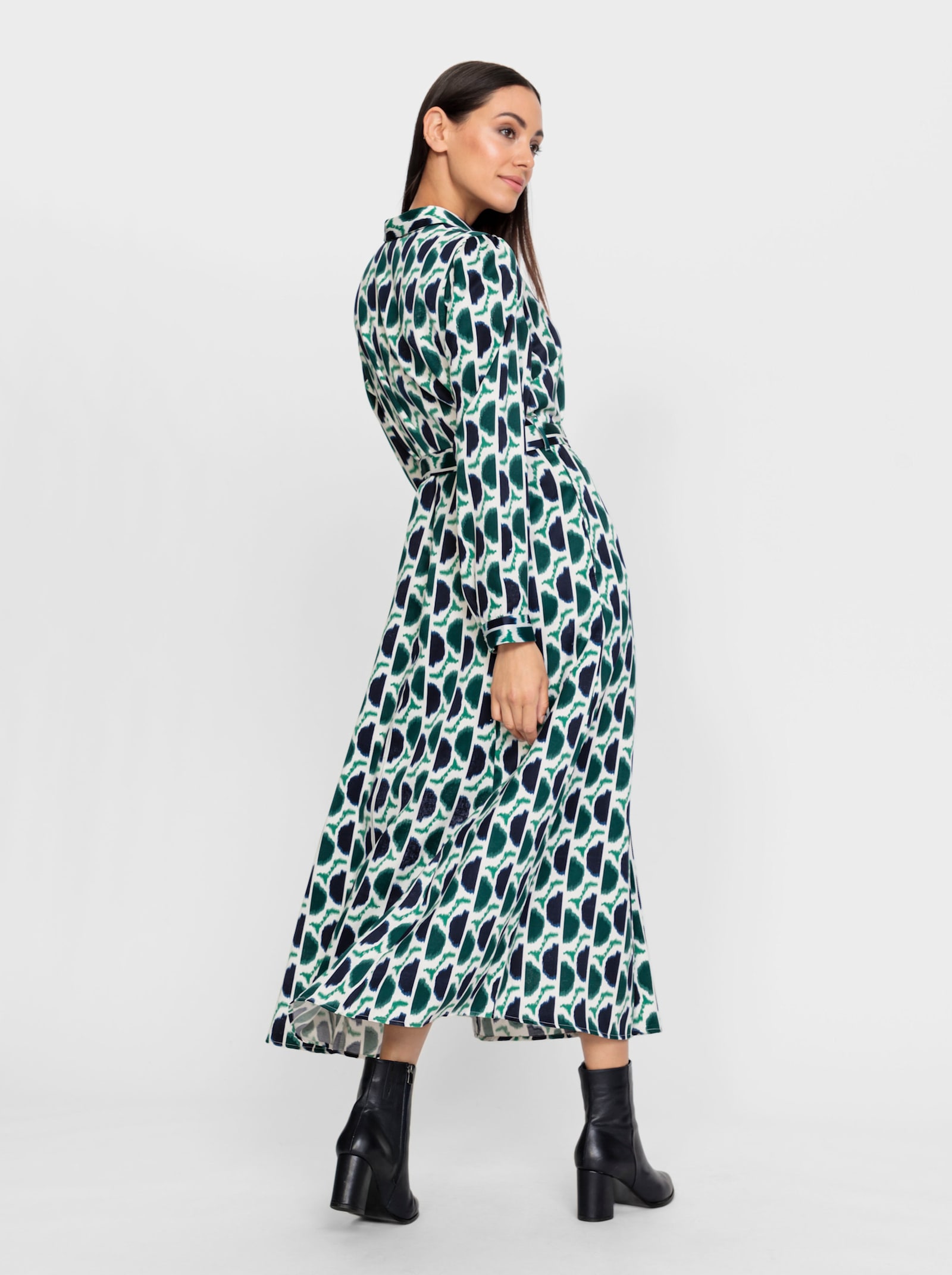heine Jurk met print en bindceintuur - groen/marine bedrukt