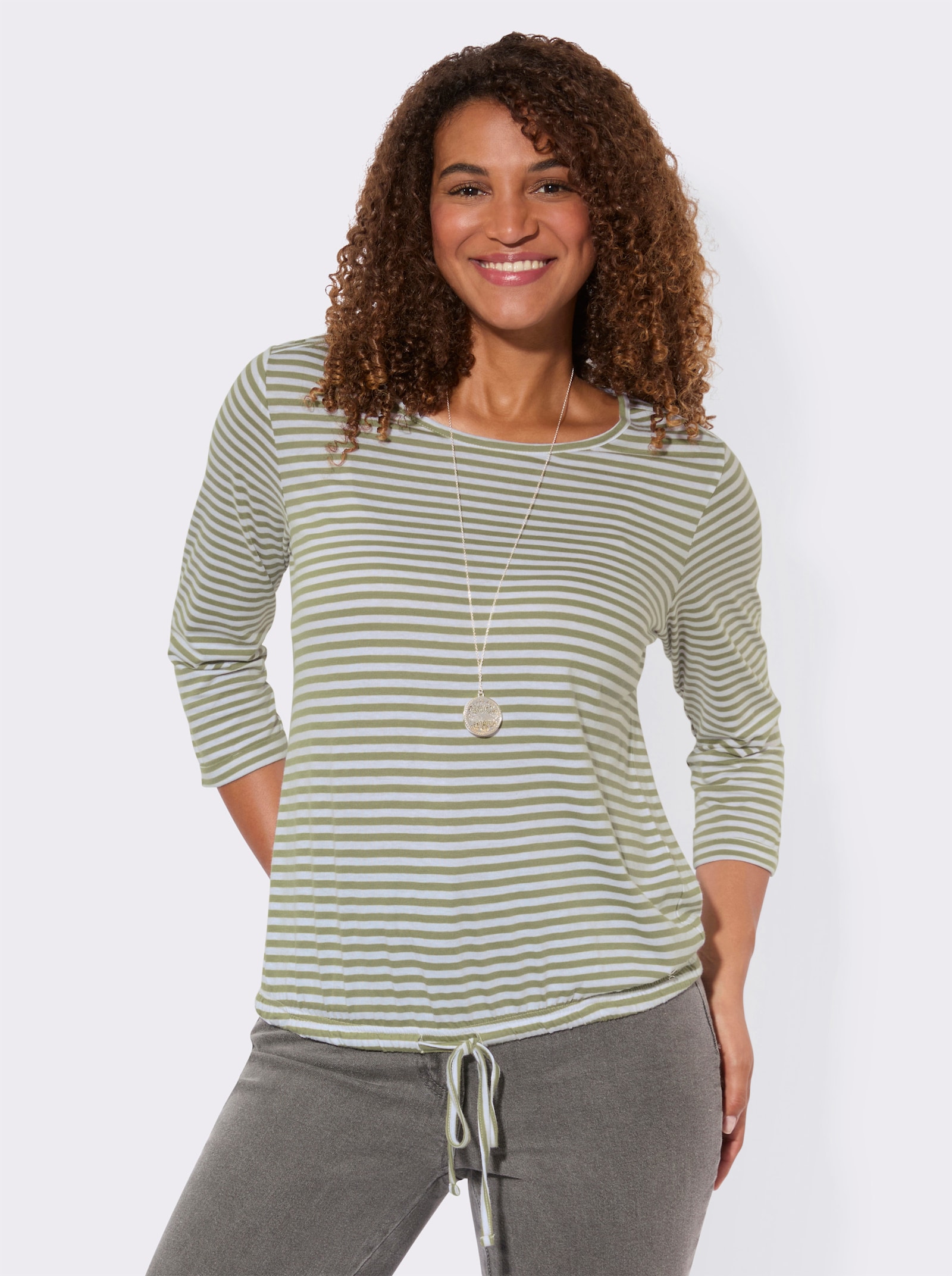 3/4-Arm-Shirt mit Kordel im Saum - schilf-weiß-geringelt