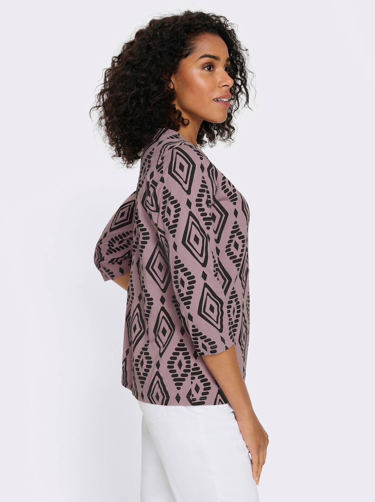 3/4-Arm-Shirt aus reiner Baumwolle, bedruckt - mauve-schwarz-bedruckt