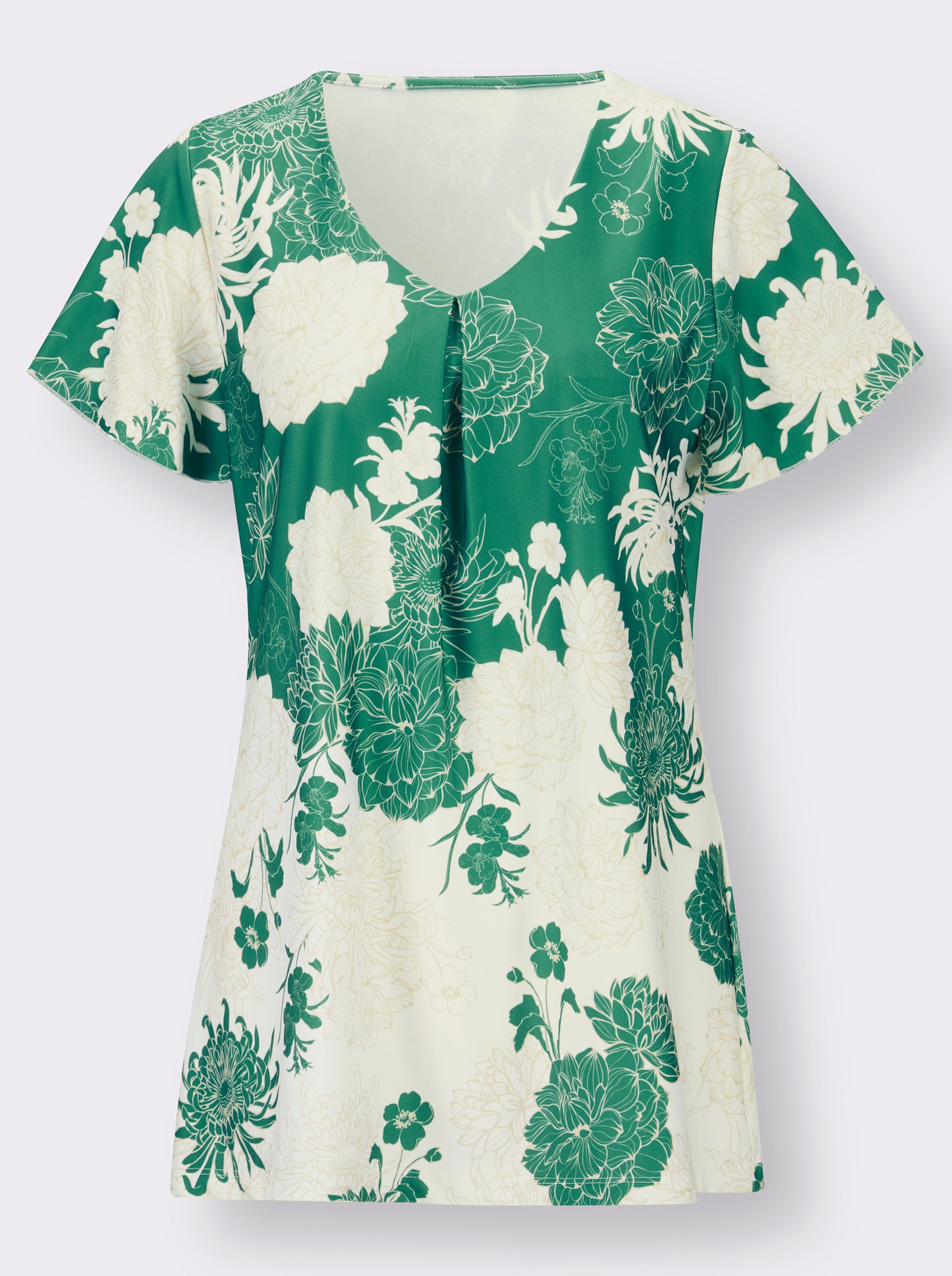 Longshirt in A-Linie, mit Flügelärmeln - grün-ecru-bedruckt