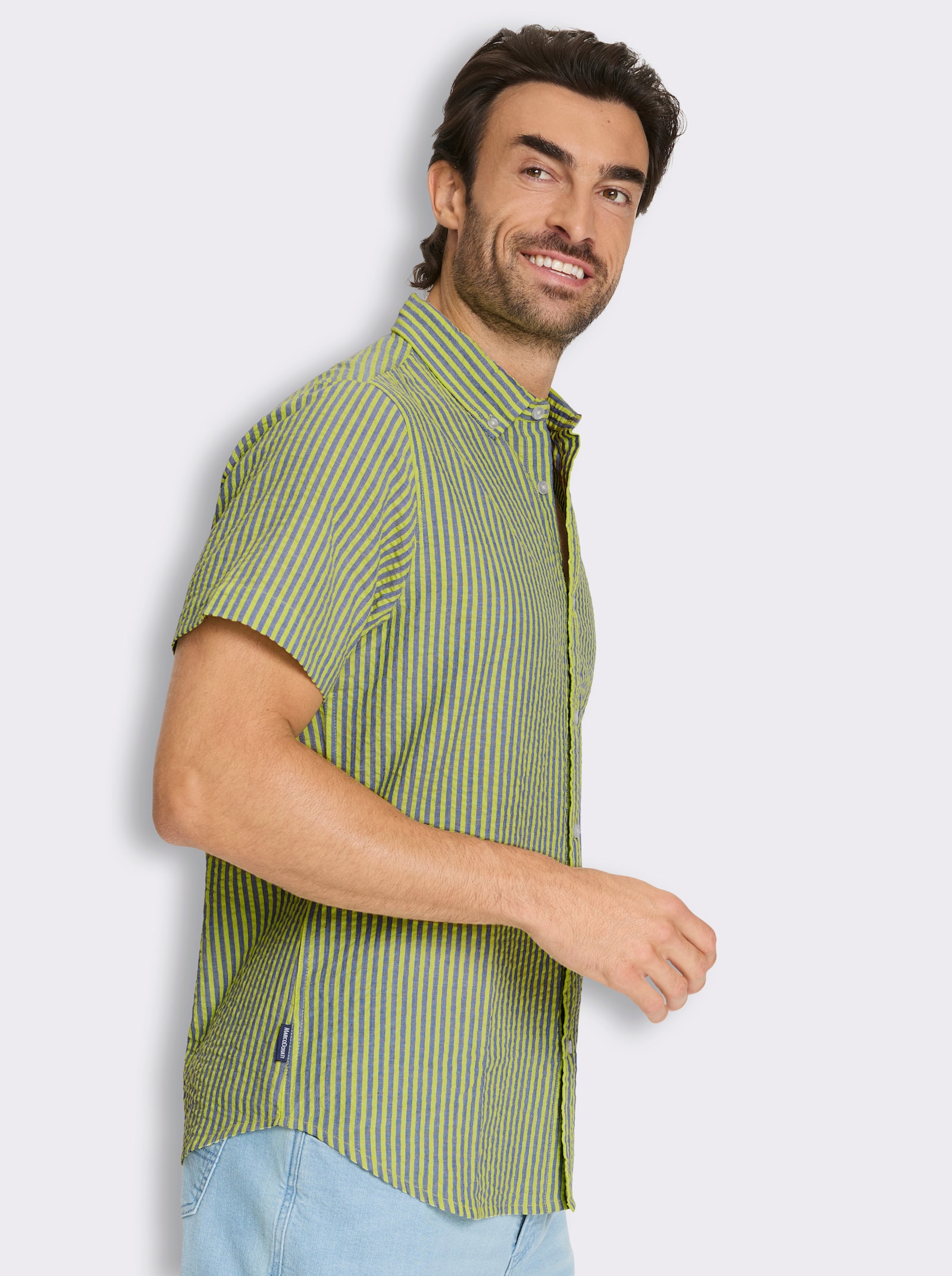 Marco Donati Kurzarmhemd aus Baumwoll-Seersucker - jeansblau-limone-gestreift
