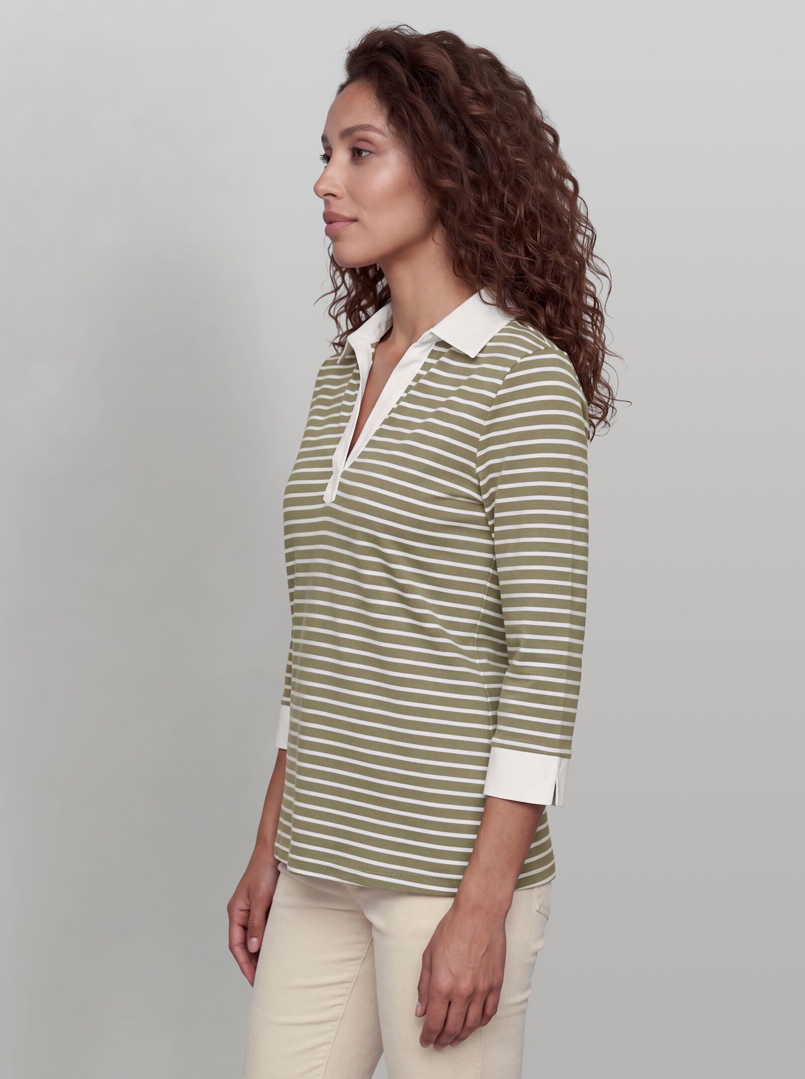 heine Poloshirt in 2-in-1-Optik - khaki-weiß-geringelt