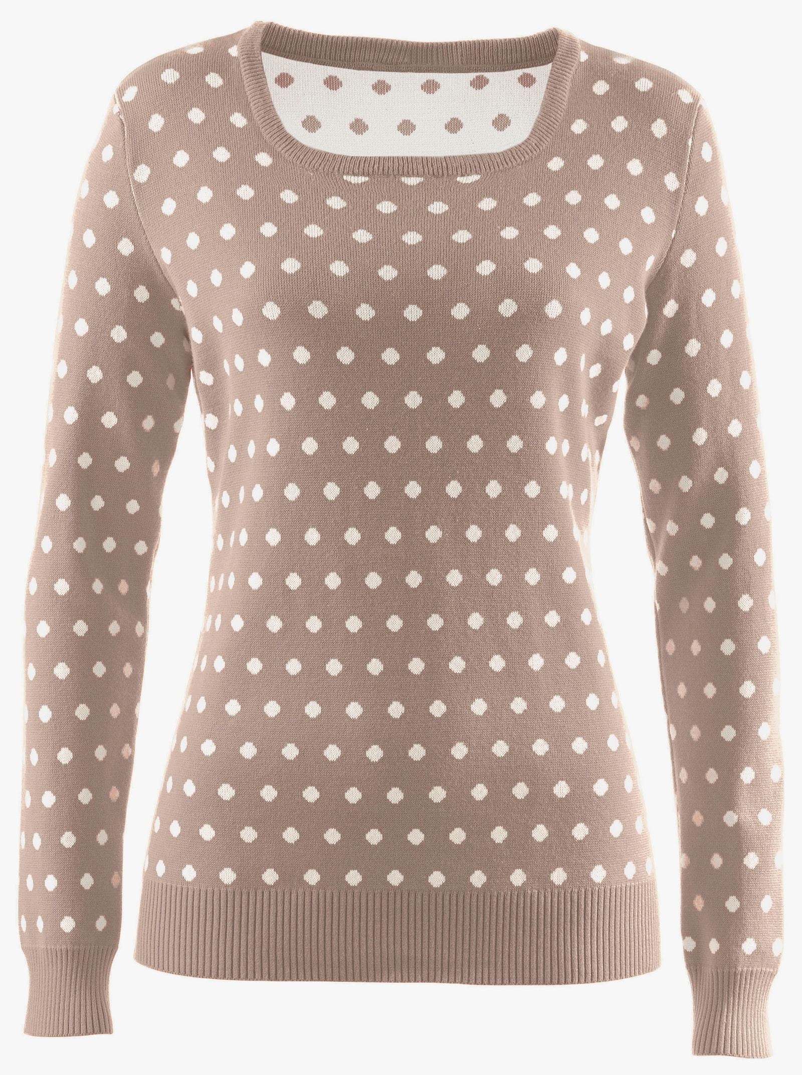 Strickpullover im Tupfen-Dessin - taupe-weiß-getupft