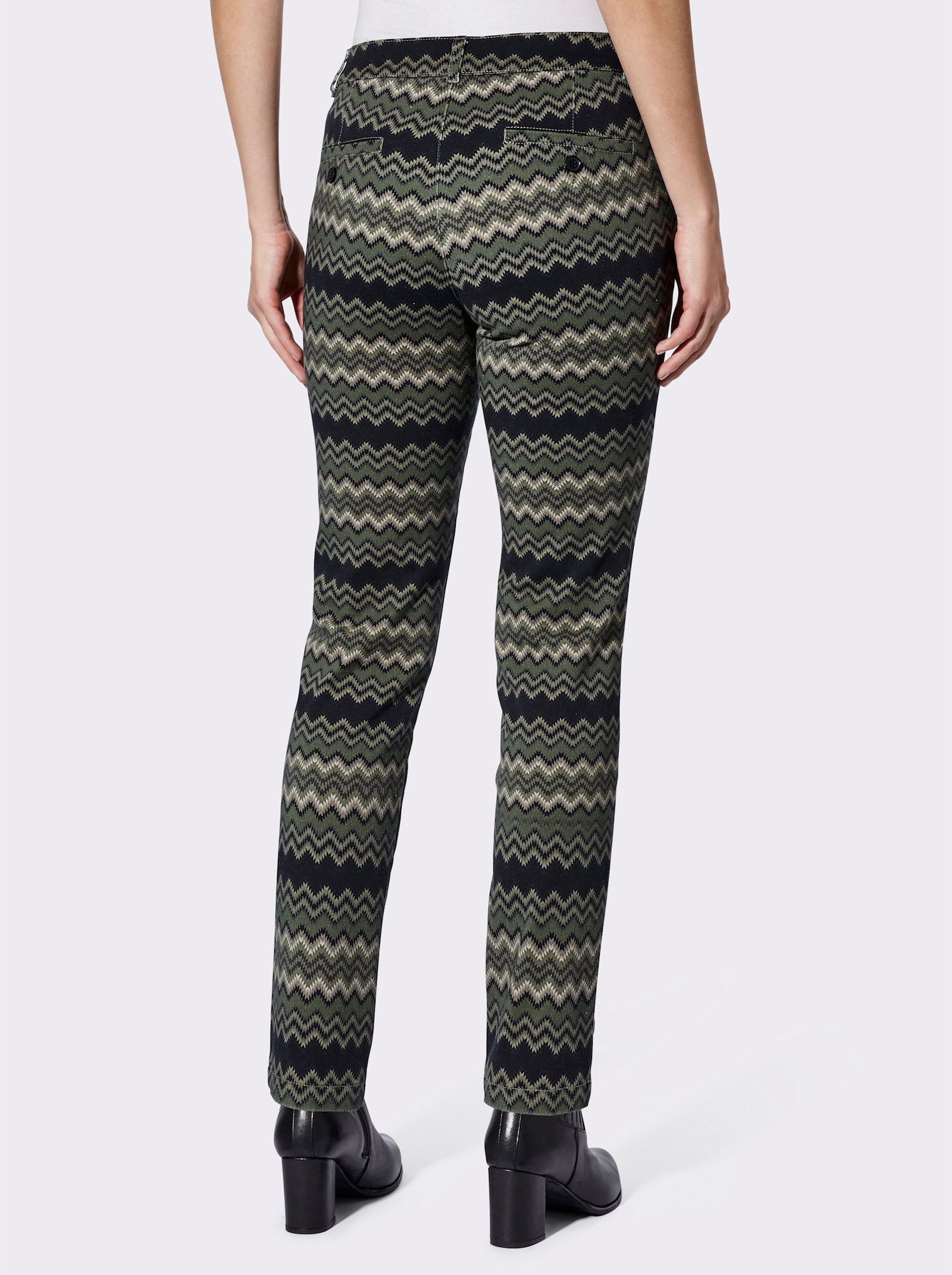 heine Baumwollhose mit Zick-Zack Muster - schwarz-khaki-bedruckt