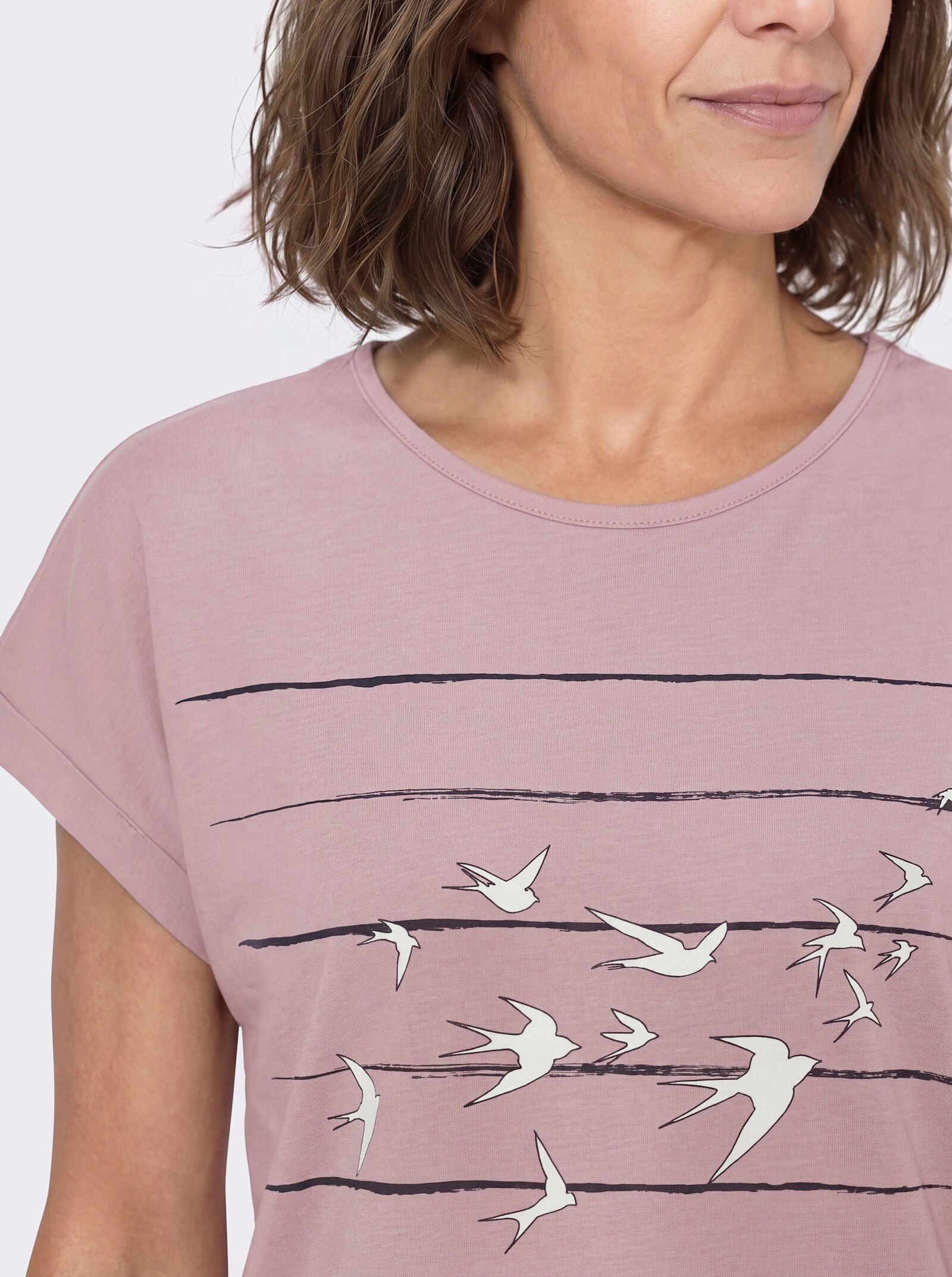 Print-Shirt mit überschnittenen Schultern - mauve-marine-bedruckt