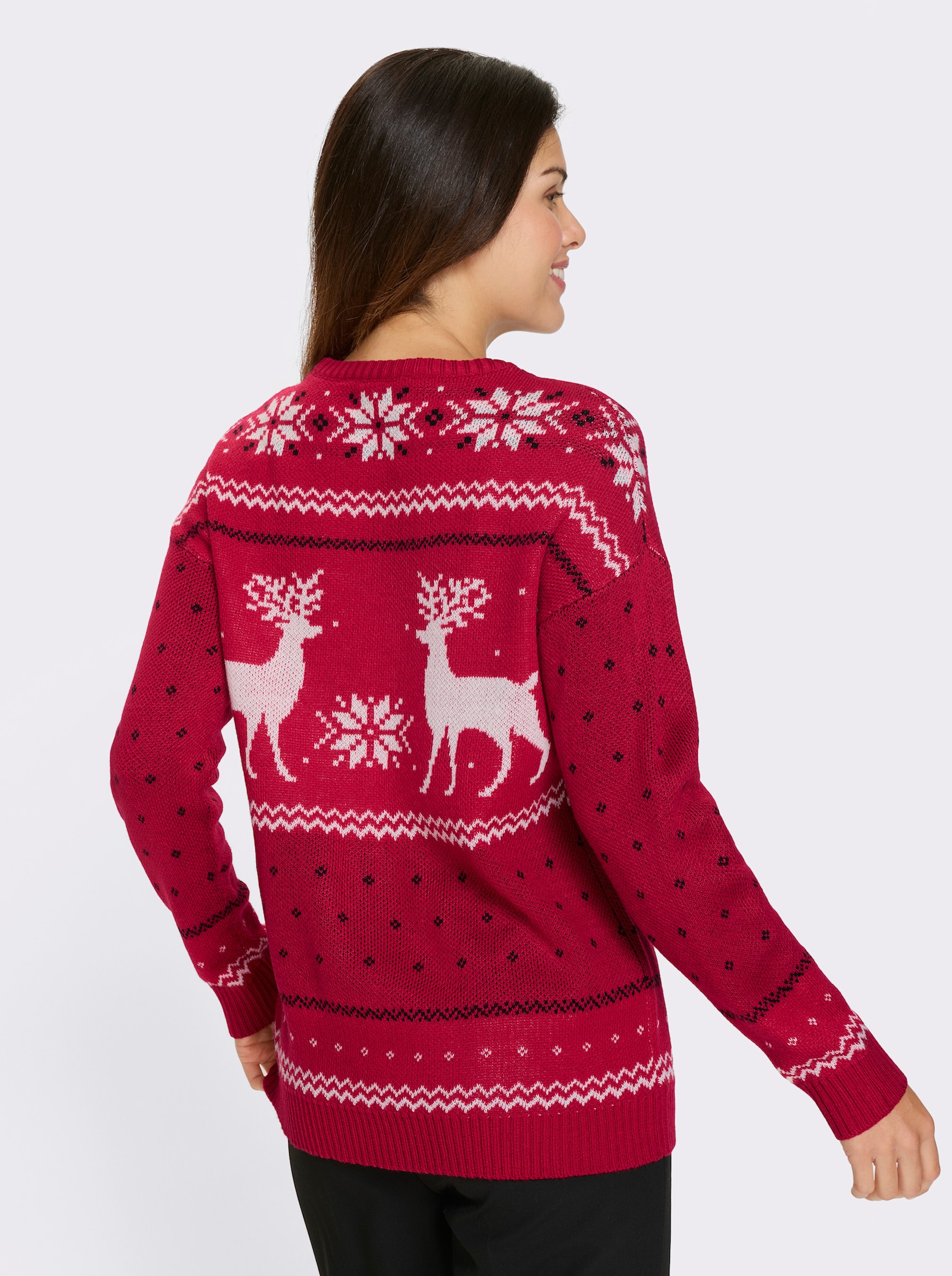 Svetr s dlouhým rukávem s motivem soba - červená-ecru-vzor