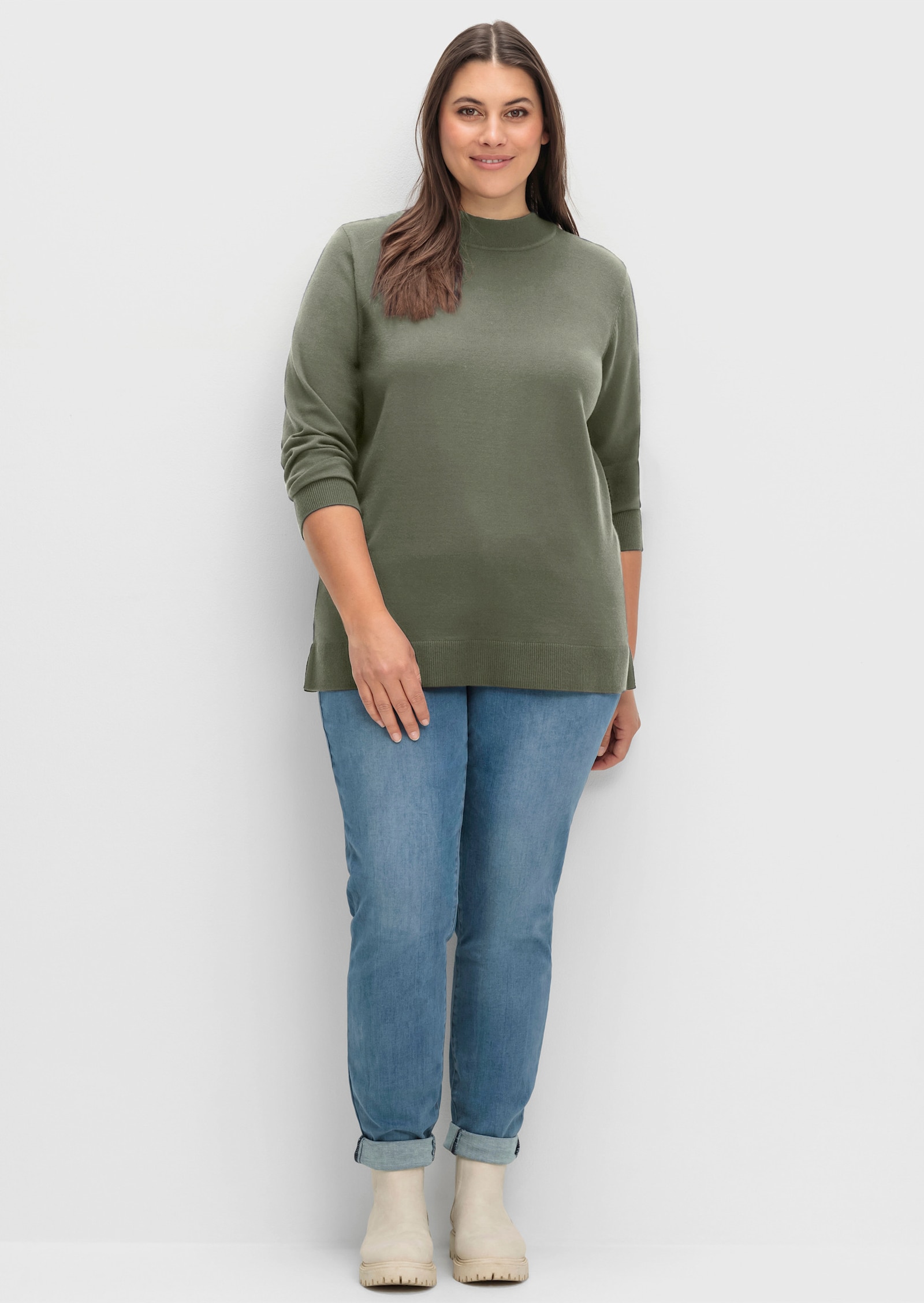 sheego Feinstrickpullover mit Stehkragen - khaki