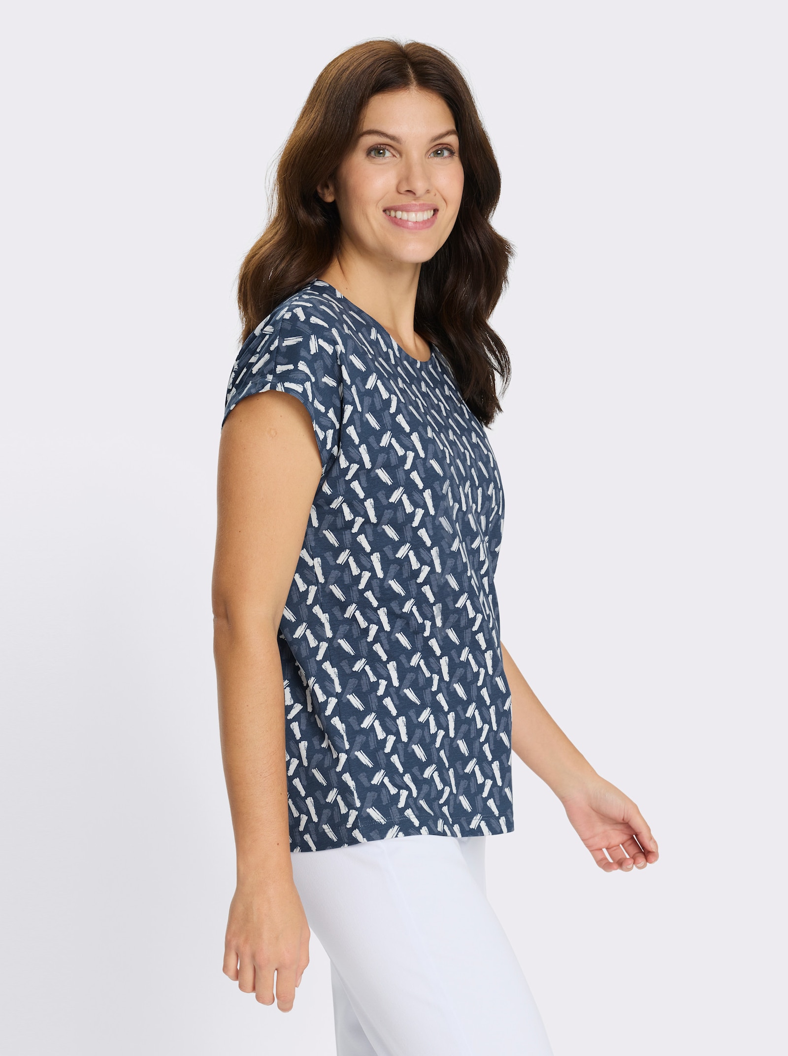 Kurzarmshirt im farbharmonischen Druckmuster - dunkelblau-ecru-bedruckt